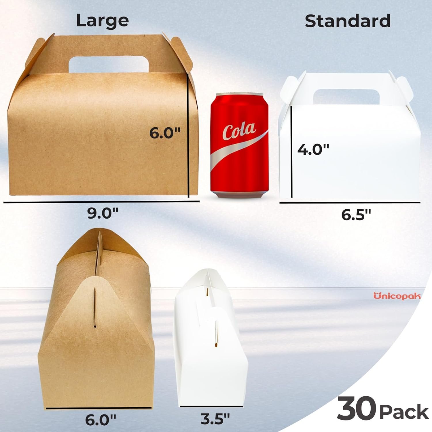 Großhandel 30er Pack 9x6x6 Kraft Gable Boxes, individuell bedruckbare, lebensmittelechte Karton-Lunchboxen, Hersteller von recycelbaren Geschenkboxen mit Griffen für Snacks, Picknick, Takeout Essen, Goodie Bags und robuste Barn Boxen, in Großmenge erhältlich.