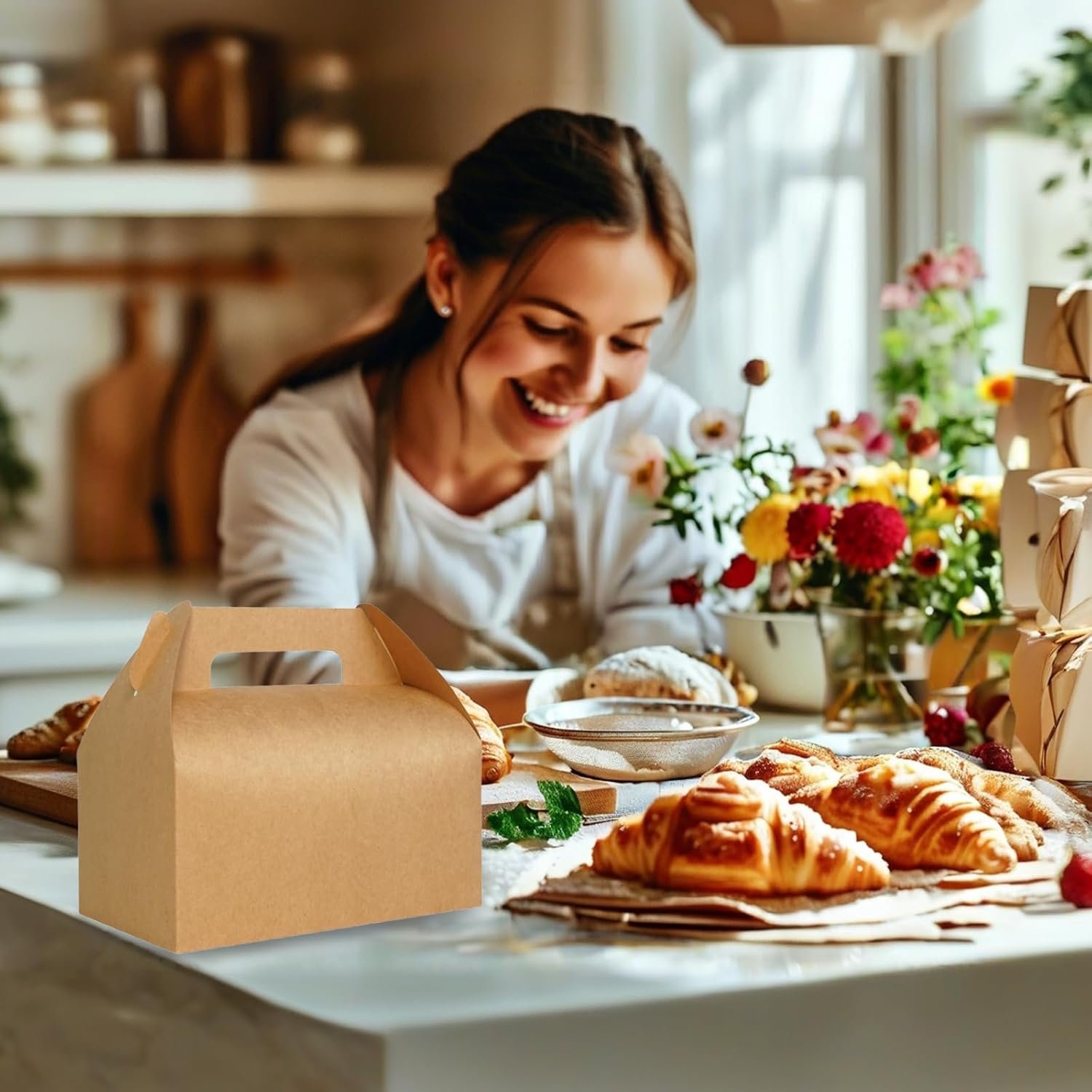 Großhandel 30er Pack 9x6x6 Kraft Gable Boxes, individuell bedruckbare, lebensmittelechte Karton-Lunchboxen, Hersteller von recycelbaren Geschenkboxen mit Griffen für Snacks, Picknick, Takeout Essen, Goodie Bags und robuste Barn Boxen, in Großmenge erhältlich.