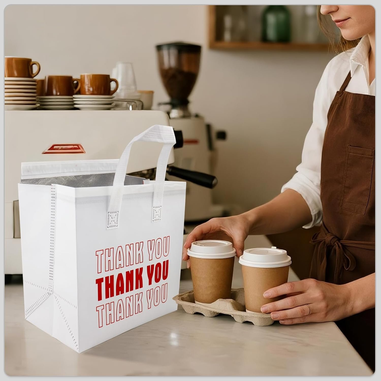 Großhandel 110 Stück isolierte Take-out-Taschen in Bulk 9,4 x 9,4 x 5,9 Zoll für Lebensmittel und Getränke wie Kaffee und Tee, individuell bedruckbar, hergestellt von einem zuverlässigen Lieferanten.