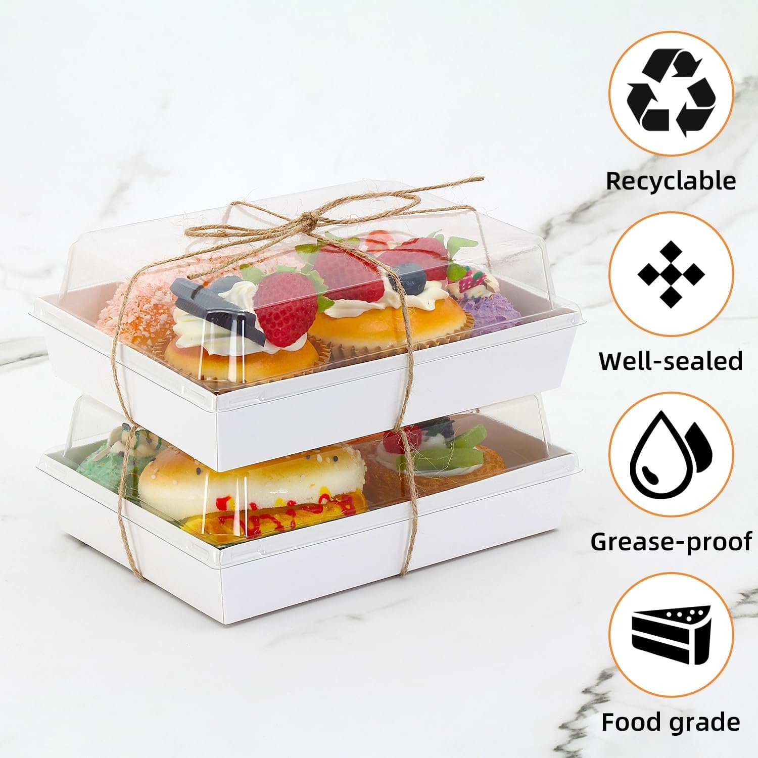 Großhandel 7x5x2,5 Charcuterie-Boxen mit klaren Lids, große Einweg-Backwaren-Behälter, OEM Backwaren zum Mitnehmen, to go Behälter für Schokolade, Sandwiches, Kekse, Cupcakes, Gebäck (25, weiß)