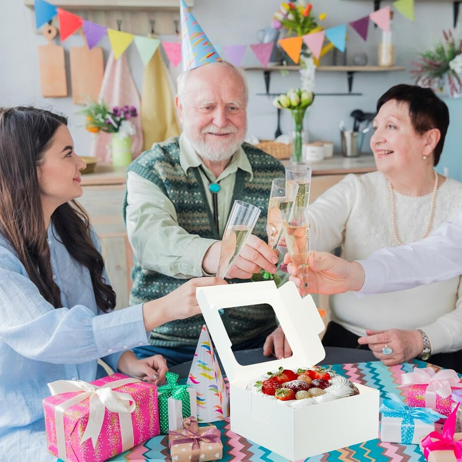 Großhandel 20 Stück weiße Torte Boxen mit Fenster, 10x10x5 Zoll, für Gebäck, bis zu 100% individuellem Logo, von Hersteller für Desserts und Cupcakes, mit Aufkleber „Handgemachte Liebe“, hochwertige Einweg-Kuchenbehälter in Bulk.