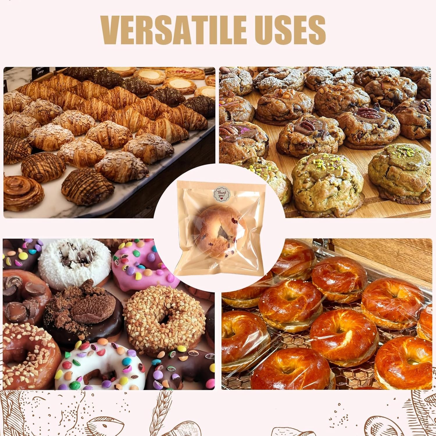 Großhandel 100 Stück Cookie-Tüten mit Fenster, 7,1x7,5 Zoll wärmesiegelbare Bäckereitaschen für Bagel, Sandwich, Torte, Gebäck, Donut, individuelles Logo, Hersteller, Bulk-Taschen