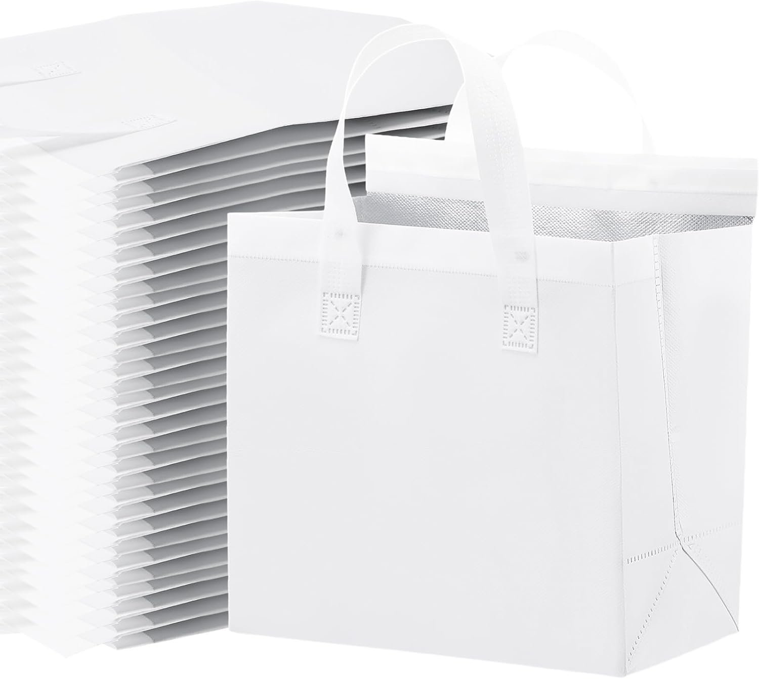 Großhandel 50 Stück isolierte Take Away Taschen in Bulk, Thermoisolierte Food Bags für Kaffee, Milch, Tee, heiße und kalte Speisen, frische Meeresfrüchte, Kühler, Pizza-Lieferung für Catering, Restaurant und Lebensmittelgeschäft (Weiß) – Individuelles Logo, Hersteller.