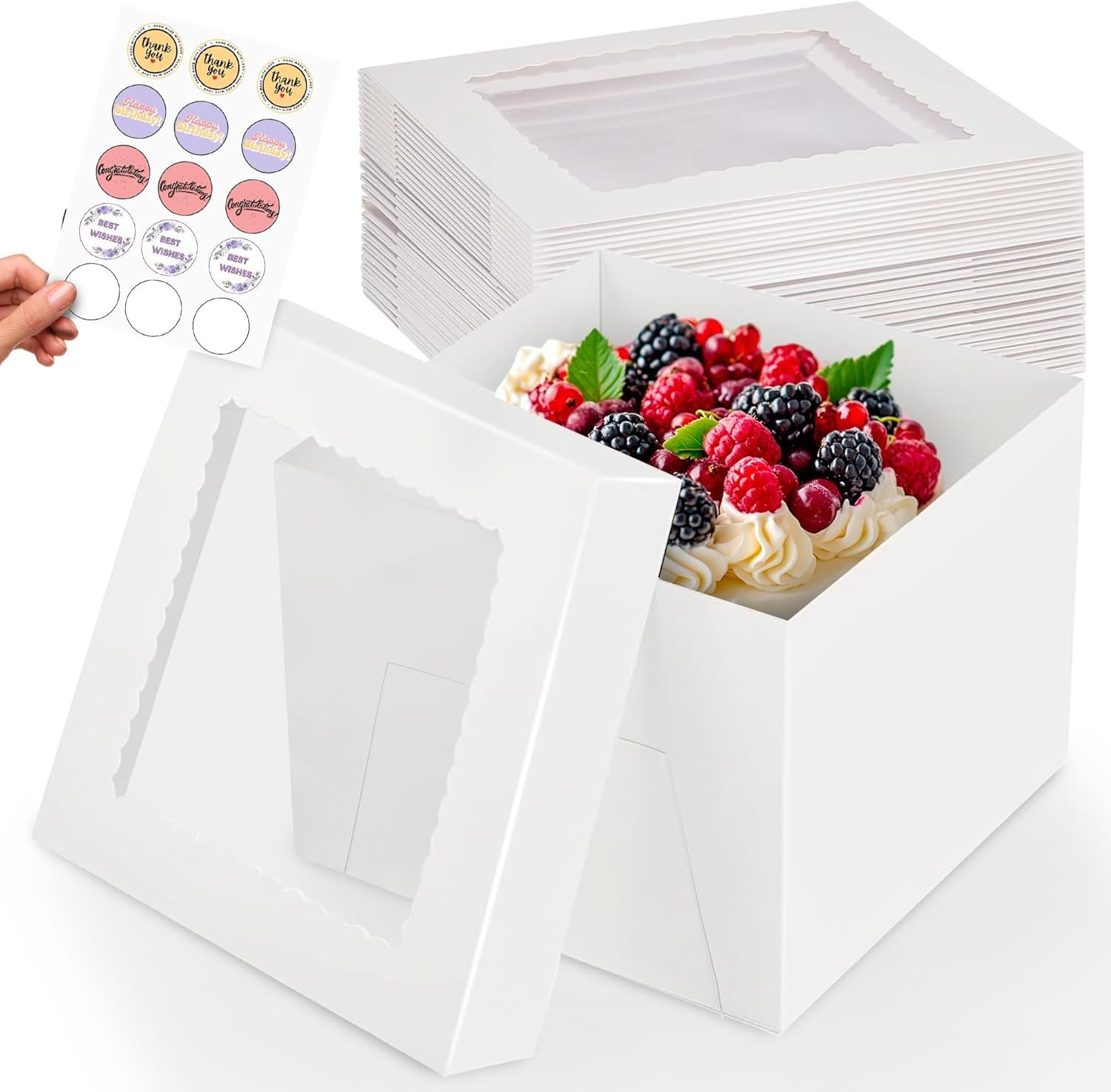 Großhandel 15 Stück Kuchenboxen, große weiße Bäckerkarton, 12x12x8 Zoll hohe Kuchenbox mit Fenster, quadratische Karton-Kuchenbox für mehrschichtige Kuchen, individuell bedruckte Backzubehör Supplies, Hersteller von Verpackungslösungen
