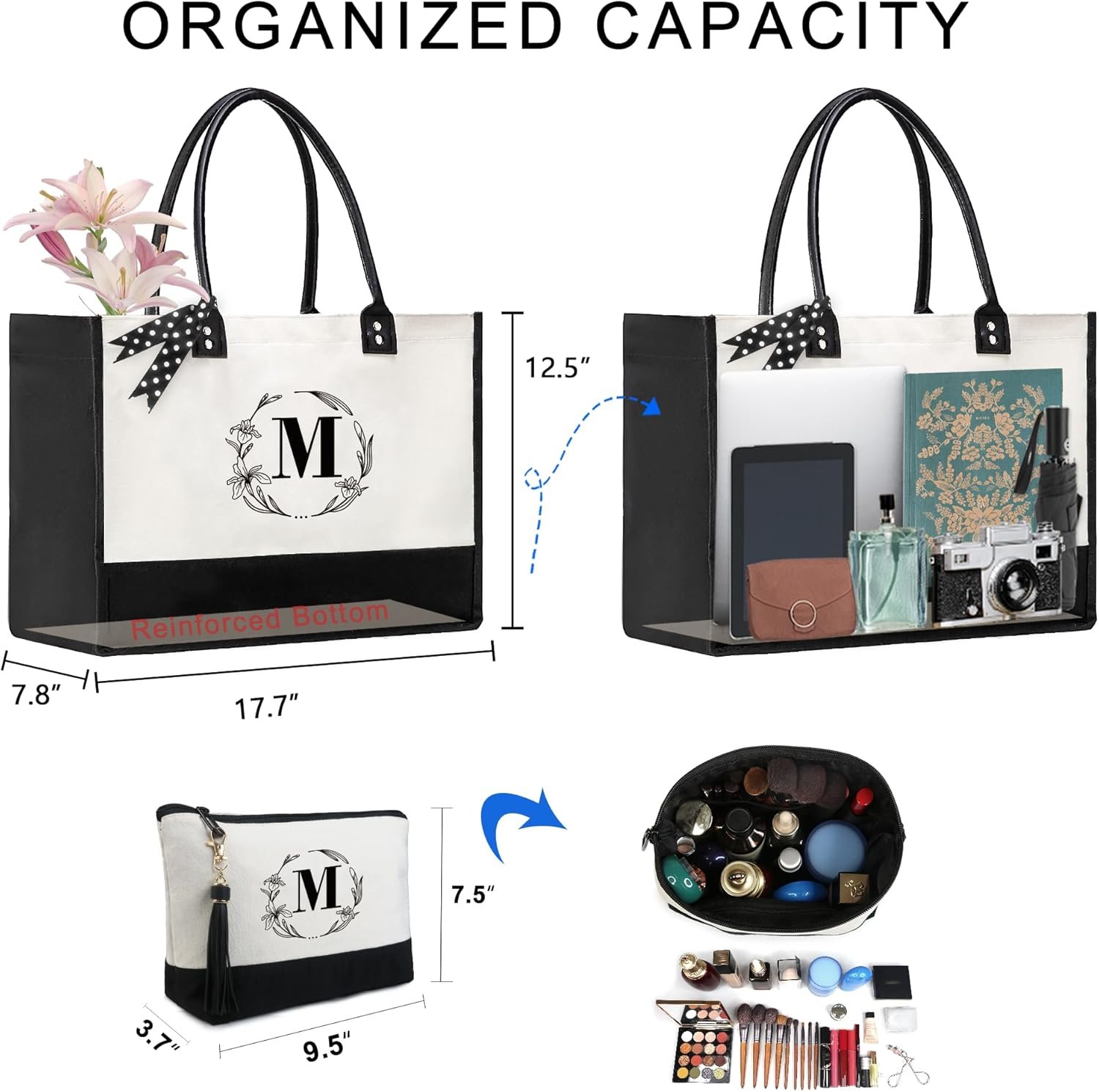 Großhandel Individuelles Logo Frauen große weiße und schwarze Canvas Tote Tasche, Ledergriff, mit Reißverschluss, maßgeschneiderte Initialen, Fabriklieferant