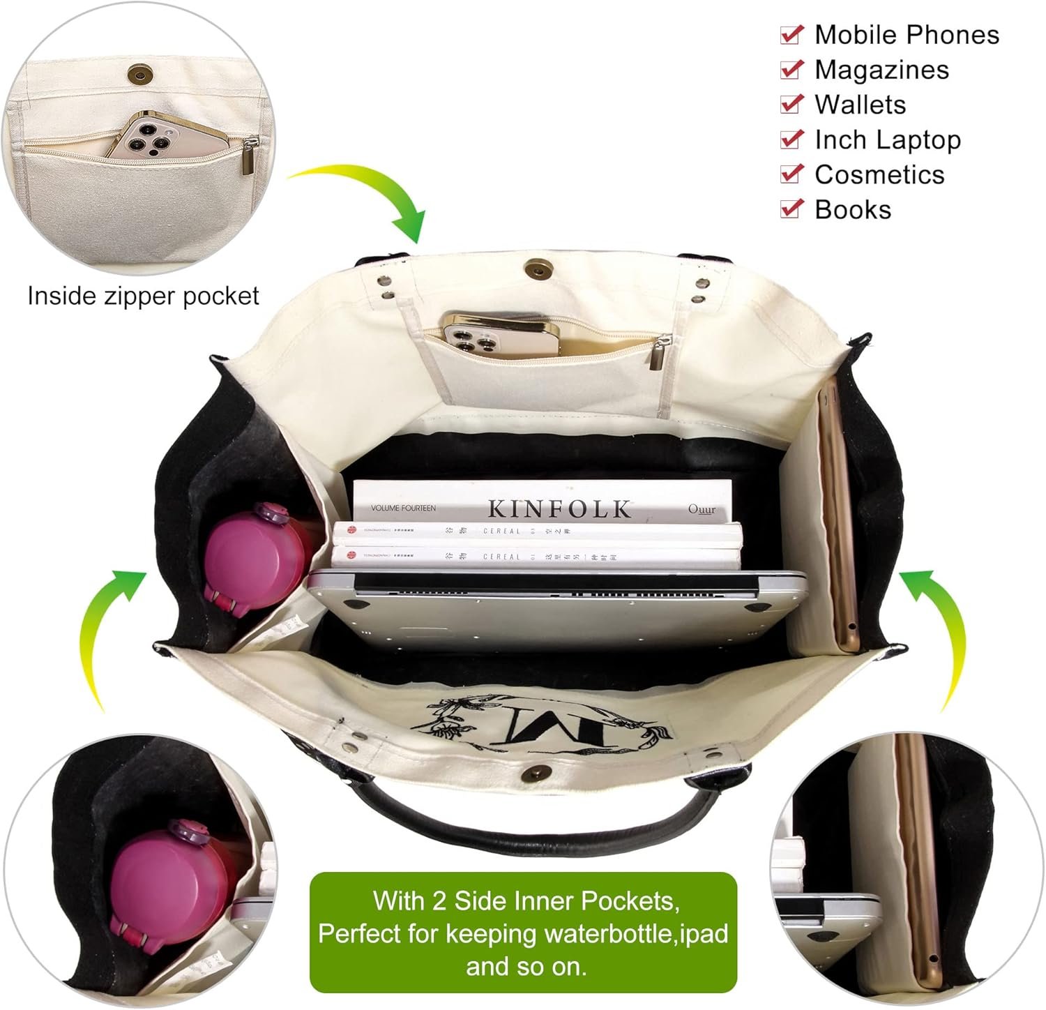 Großhandel Individuelles Logo Frauen große weiße und schwarze Canvas Tote Tasche, Ledergriff, mit Reißverschluss, maßgeschneiderte Initialen, Fabriklieferant