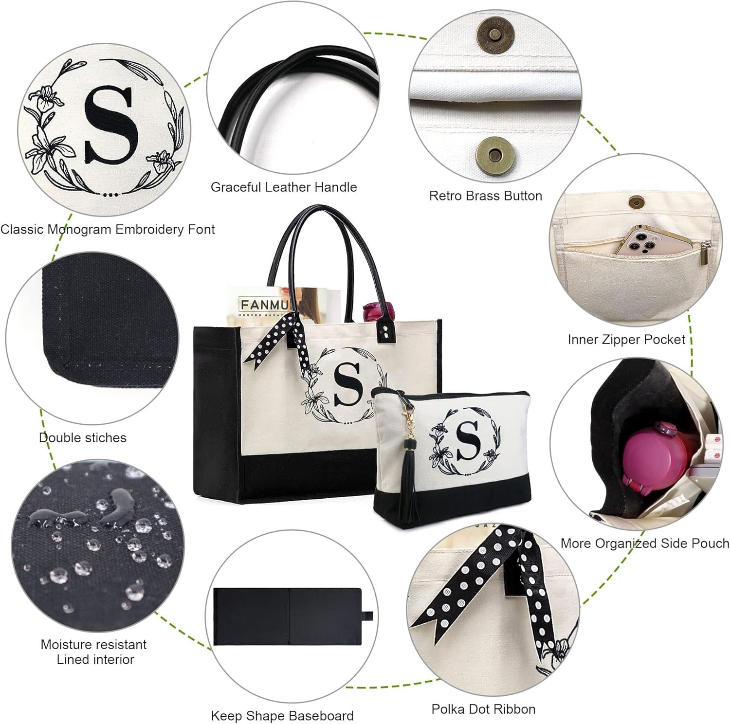 Großhandel Individuelles Logo Frauen große weiße und schwarze Canvas Tote Tasche, Ledergriff, mit Reißverschluss, maßgeschneiderte Initialen, Fabriklieferant