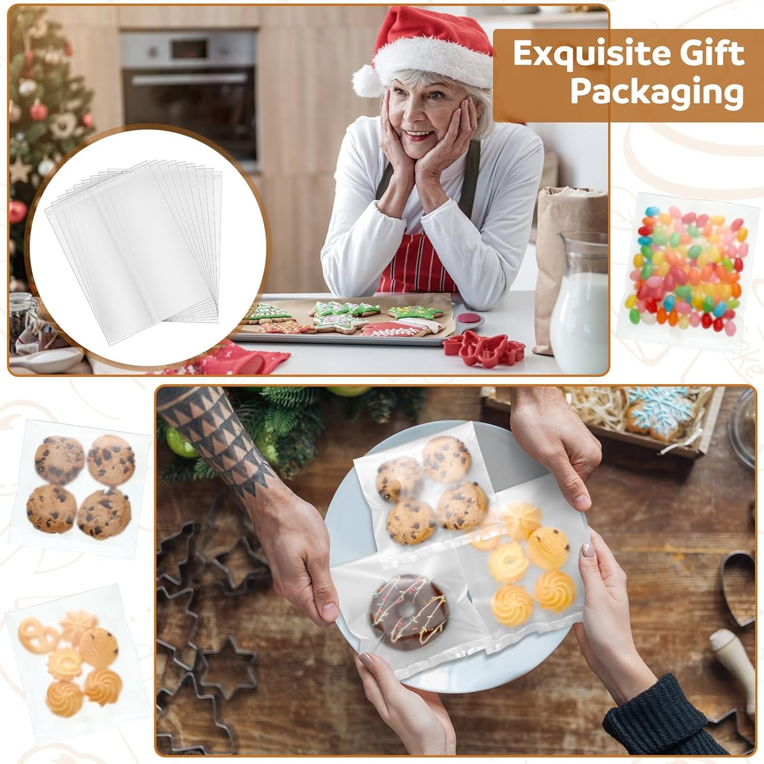 Großhandel 200 Stück Cellophan-Gebäckbeutel mit Hitzesiegelung, flacher Rand, in 2 Größen 4