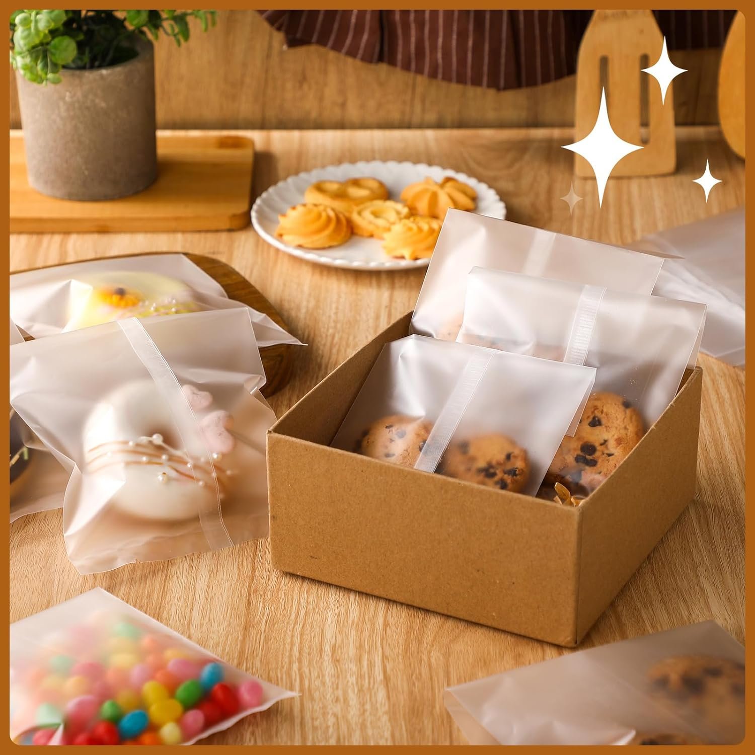 Großhandel 200 Stück Cellophan-Gebäckbeutel mit Hitzesiegelung, flacher Rand, in 2 Größen 4