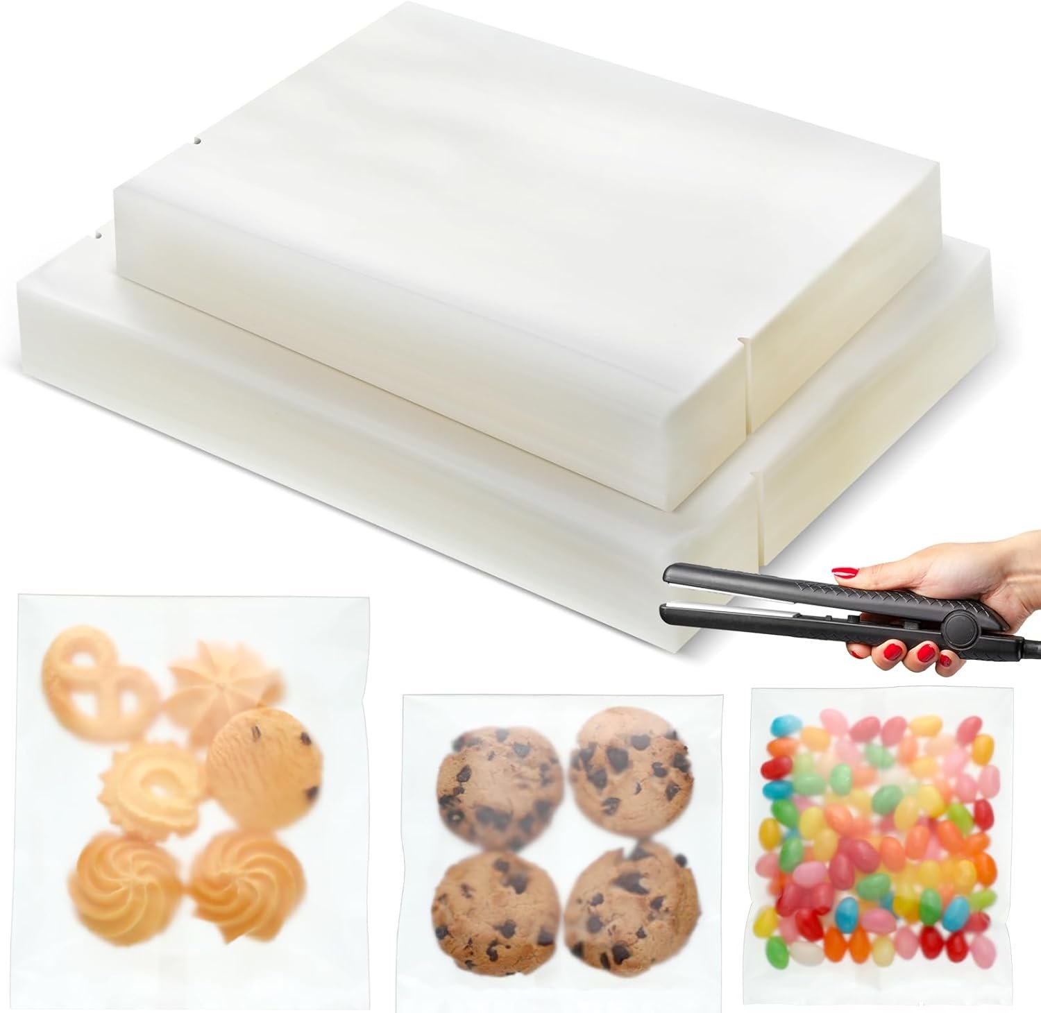 Großhandel 200 Stück Cellophan-Gebäckbeutel mit Hitzesiegelung, flacher Rand, in 2 Größen 4" x 6" und 5" x 7", ideal für Süßigkeiten, Schokolade und Desserts, geeignet für eigene Marken und individuelle Logos. Hersteller für Snackverpackungen, perfekt für Geschenke in Großmenge.