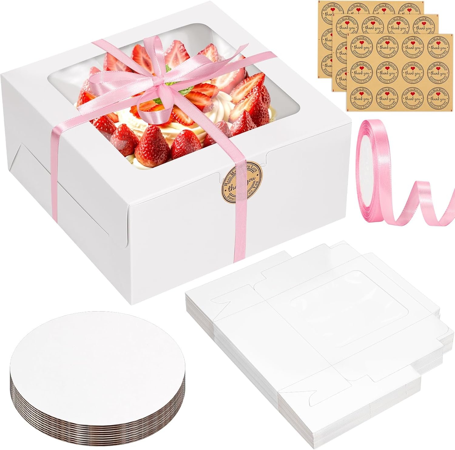 Großhandel 26 Stück 8x8x4 Zoll Kuchenboxen, weiße Backboxen mit Fenster für Gebäck, Muffins, Donuts, individuelle Logos und OEM Verpackungen vom Hersteller.