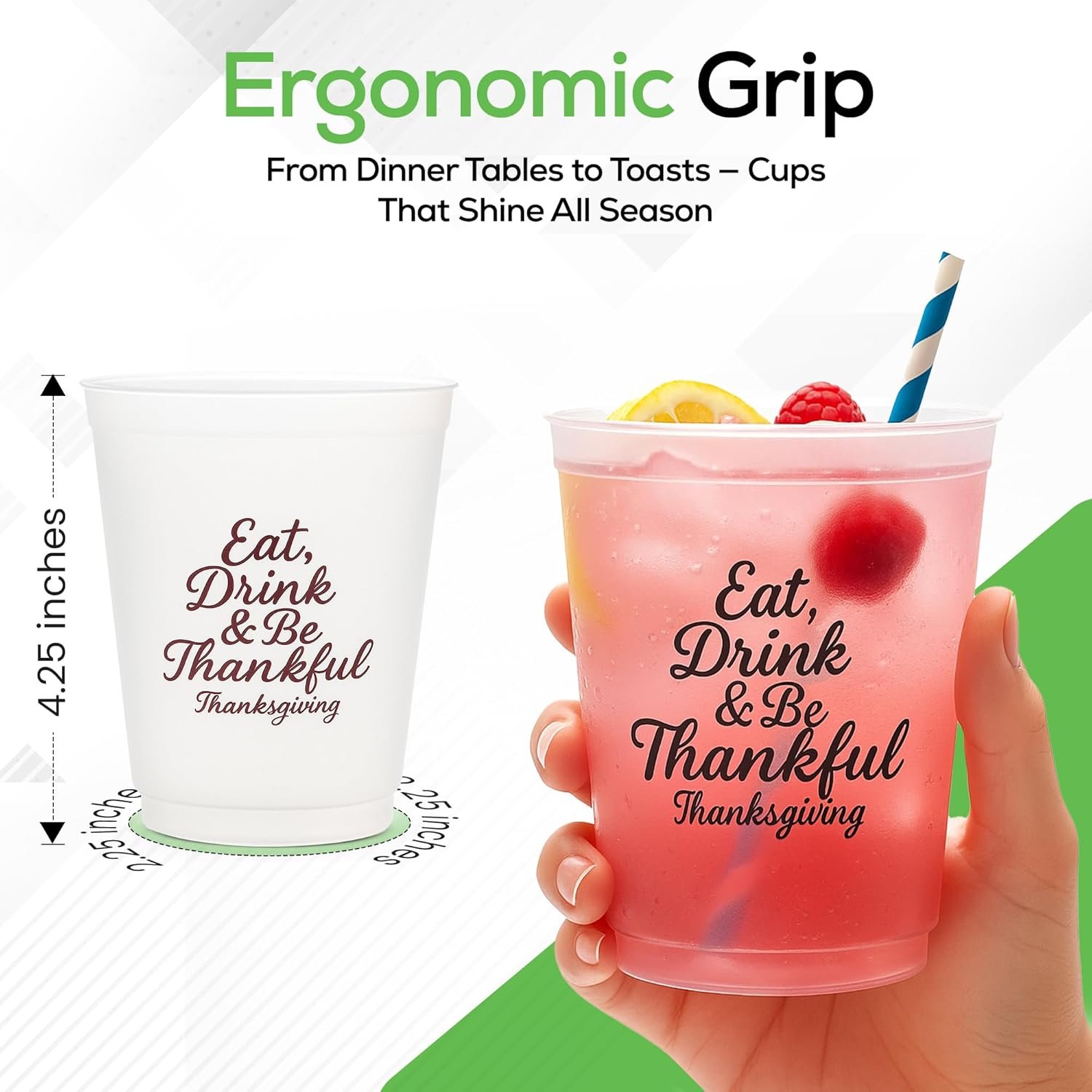 Großhandel 12oz Einweg Kunststoffbecher | Perfekt für Herbsternte, Friendsgiving, Festtags- und Tischdekorationen | Individuelles Logo, Hersteller, Bulk Becher mit „Essen, Trinken & Dankbar sein“ Druck
