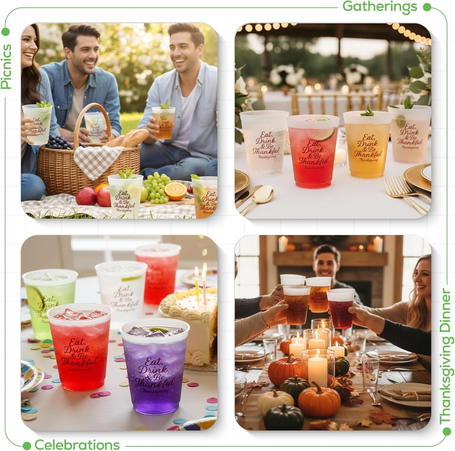 Großhandel 12oz Einweg Kunststoffbecher | Perfekt für Herbsternte, Friendsgiving, Festtags- und Tischdekorationen | Individuelles Logo, Hersteller, Bulk Becher mit „Essen, Trinken & Dankbar sein“ Druck