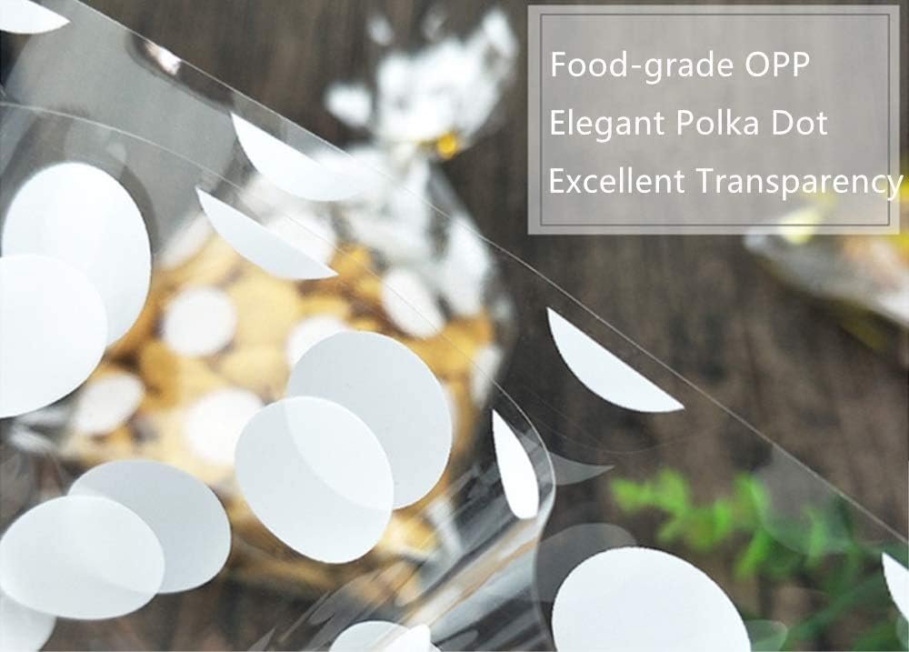 Großhandel 200 Pack Clear Goodie Bags 5x8 Inch mit Bodenfalten, weiße Punkte, für Cookies, Süßigkeiten, Partygeschenke, Popcorn, individuelle Logos und 200 silberne Bänder von geprüften Herstellern in Bulk.