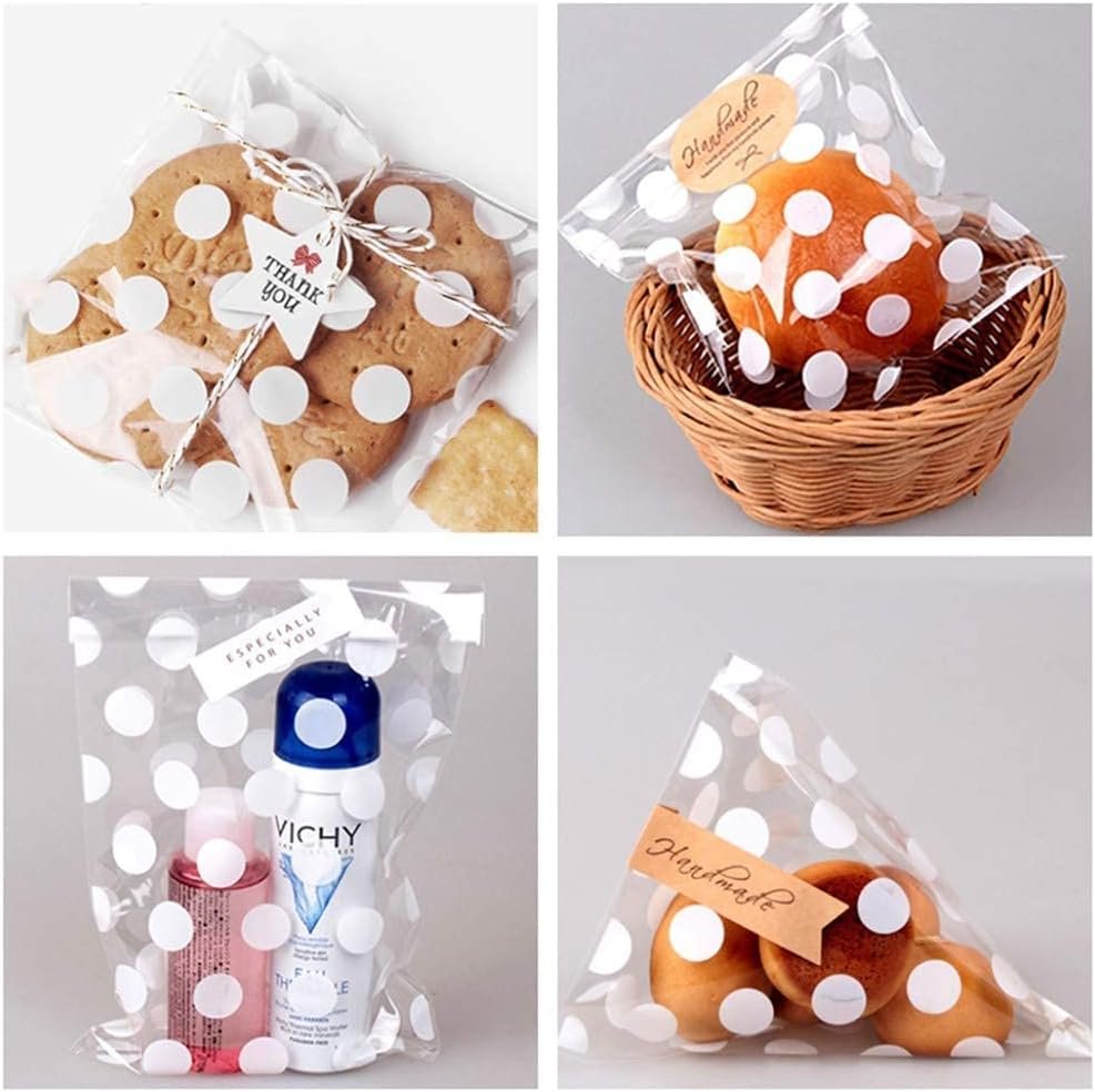 Großhandel 200 Pack Clear Goodie Bags 5x8 Inch mit Bodenfalten, weiße Punkte, für Cookies, Süßigkeiten, Partygeschenke, Popcorn, individuelle Logos und 200 silberne Bänder von geprüften Herstellern in Bulk.