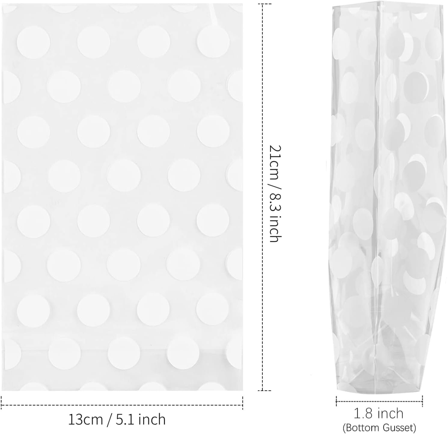 Großhandel 200 Pack Clear Goodie Bags 5x8 Inch mit Bodenfalten, weiße Punkte, für Cookies, Süßigkeiten, Partygeschenke, Popcorn, individuelle Logos und 200 silberne Bänder von geprüften Herstellern in Bulk.