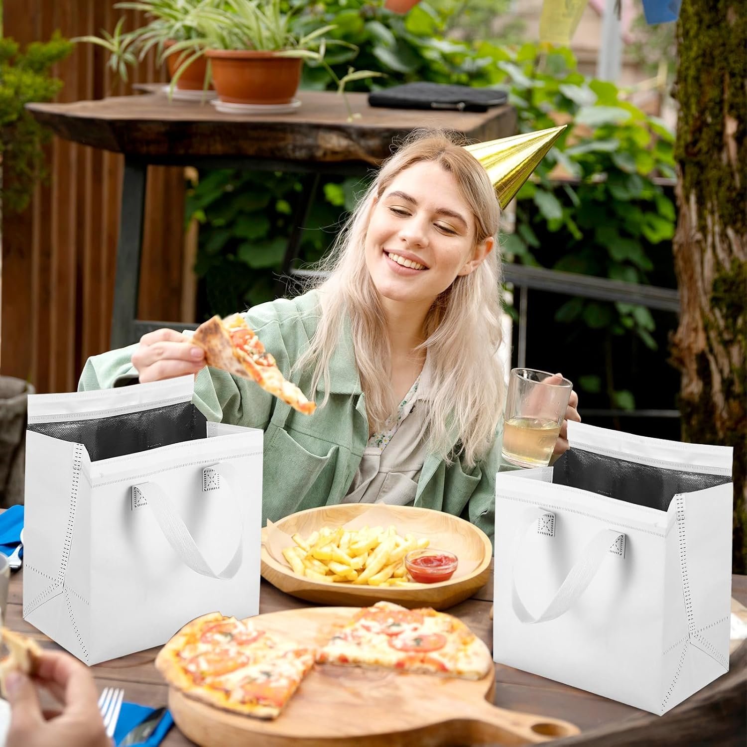 Großhandel 20er Pack isolierte Take Away Taschen für heiße und kalte Speisen, perfekte Lösung für Catering, Restaurant und Lebensmittelgeschäft (9,4 x 5,9 x 9,4 Zoll, weiß) mit individuellem Logo vom Hersteller.