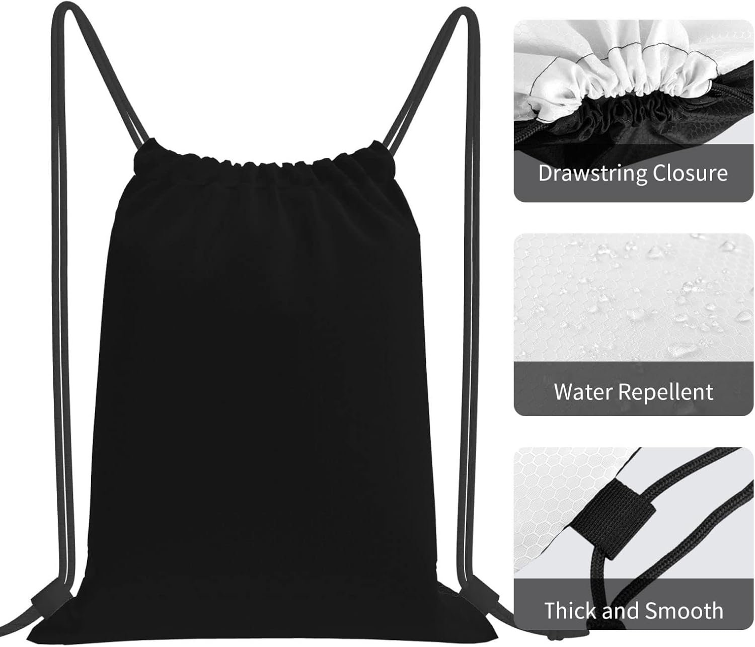 Großhandel individueller drawstring Rucksäcke mit Ihrem eigenen Design als Trainingsbeutel für Sport und Schwimmen, OEM-Qualität, personalisiert mit Foto, Logo, Text oder Namen, strapazierfähiger Pack für Männer und Frauen in Schwarz.