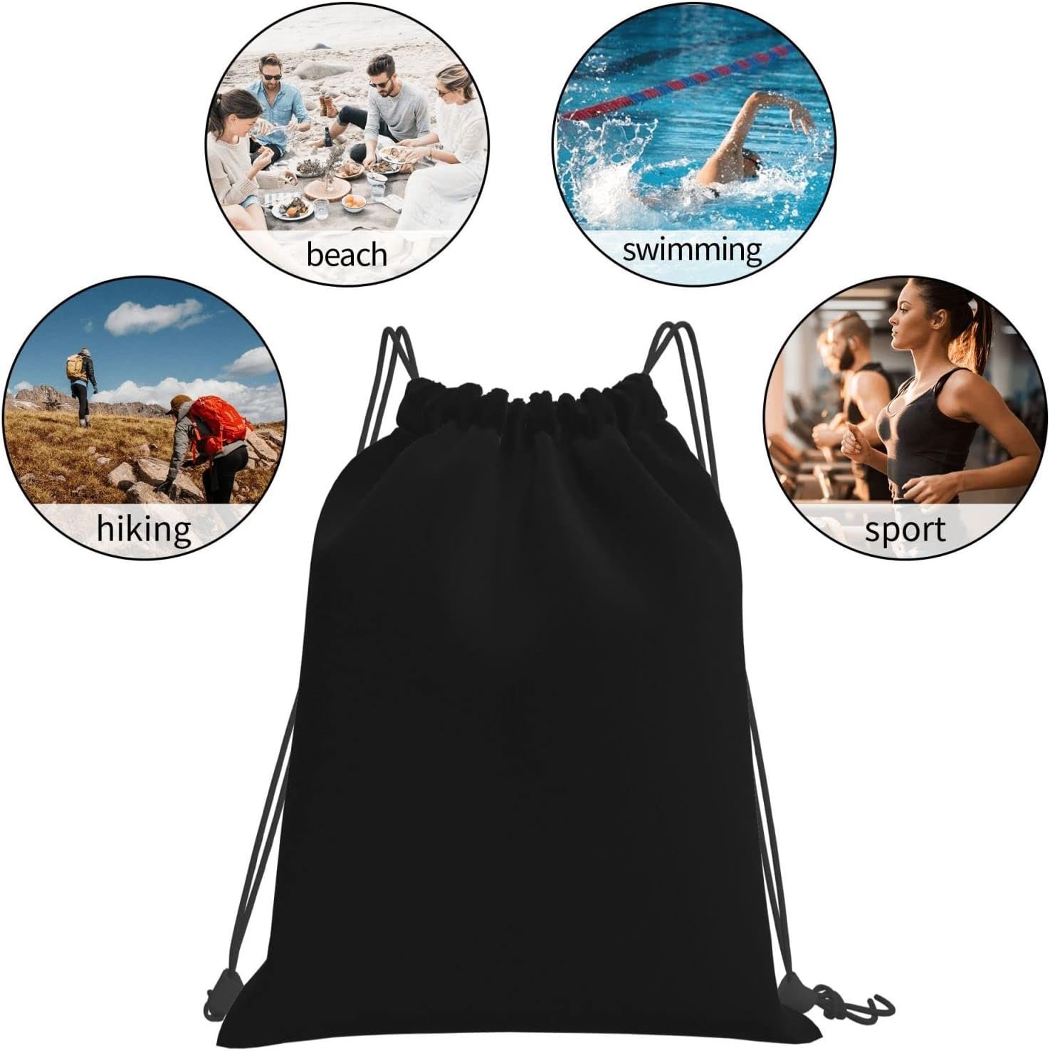 Großhandel individueller drawstring Rucksäcke mit Ihrem eigenen Design als Trainingsbeutel für Sport und Schwimmen, OEM-Qualität, personalisiert mit Foto, Logo, Text oder Namen, strapazierfähiger Pack für Männer und Frauen in Schwarz.
