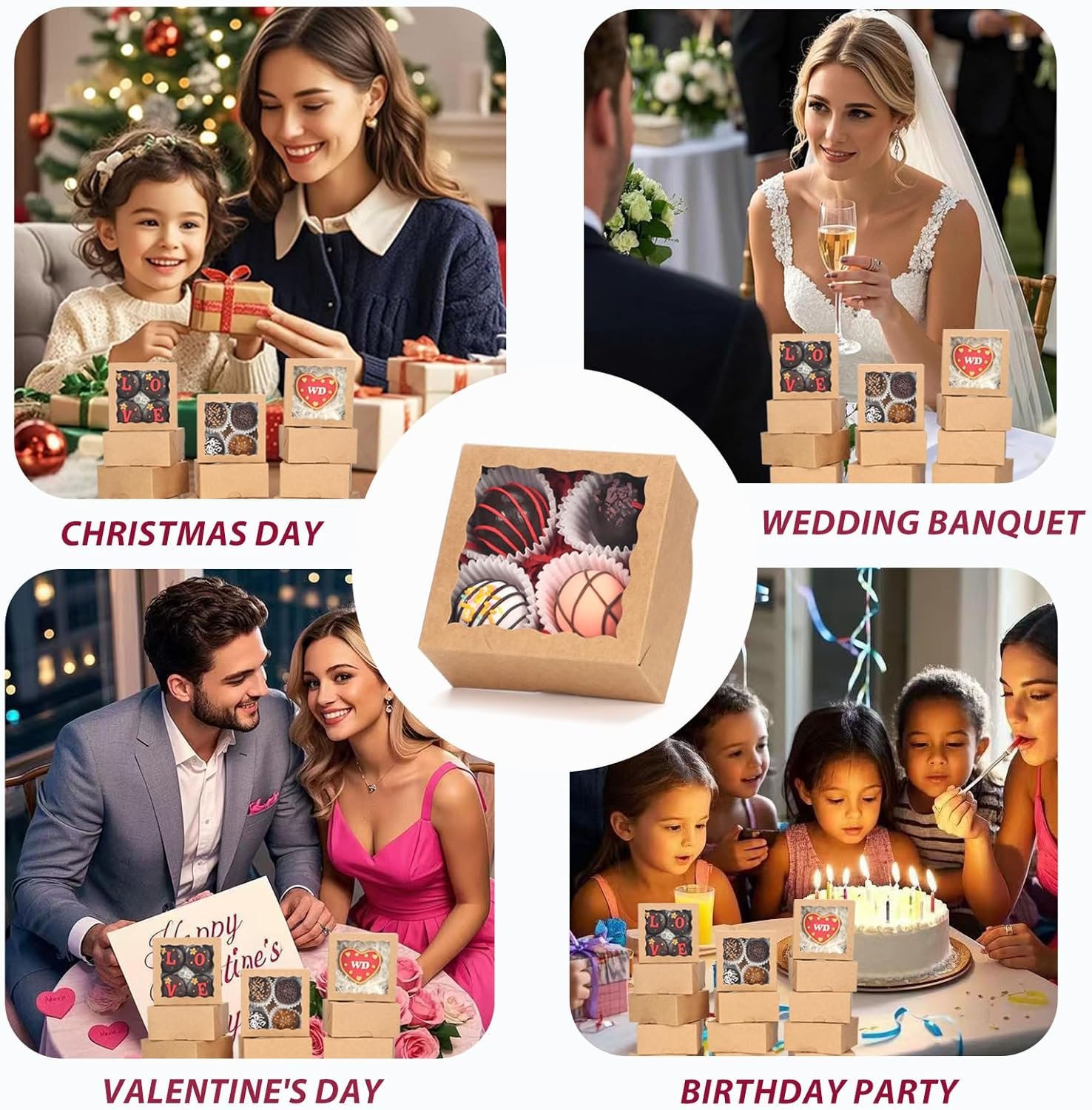 Großhandel 50 Stück 4x4x2 Zoll lebensmittelsichere braune Bäckereikartons - Vielseitige Verpackung für Gebäck, Pralinen und Hochzeitsgeschenke mit individuellem Logo für Kuchen, Torten und Zimtschnecken von Ihrem Hersteller.