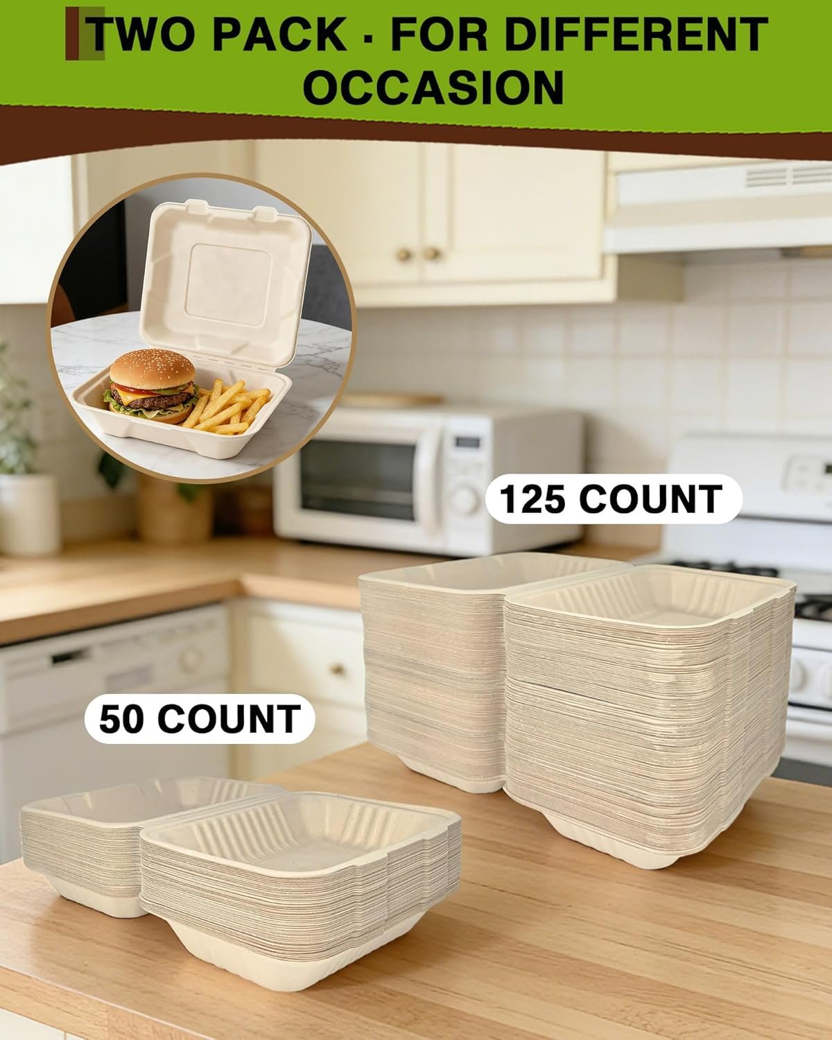 Großhandel 50 Pack 9x6 Zoll kompostierbare Clamshell-Behälter, schwere Zuckerrohr Lebensmittelcontainer für Burger, Sandwich, Wrap, Fast Food – Individuelles Logo für Eigenmarke, OEM verfügbar Großhandel 50 Pack 9x6 Zoll kompostierbare Clamshell-Behälter, schwere Zuckerrohr Lebensmittelcontainer für Burger, Sandwich, Wrap, Fast Food – Individuelles Logo für Eigenmarke, OEM verfügbar