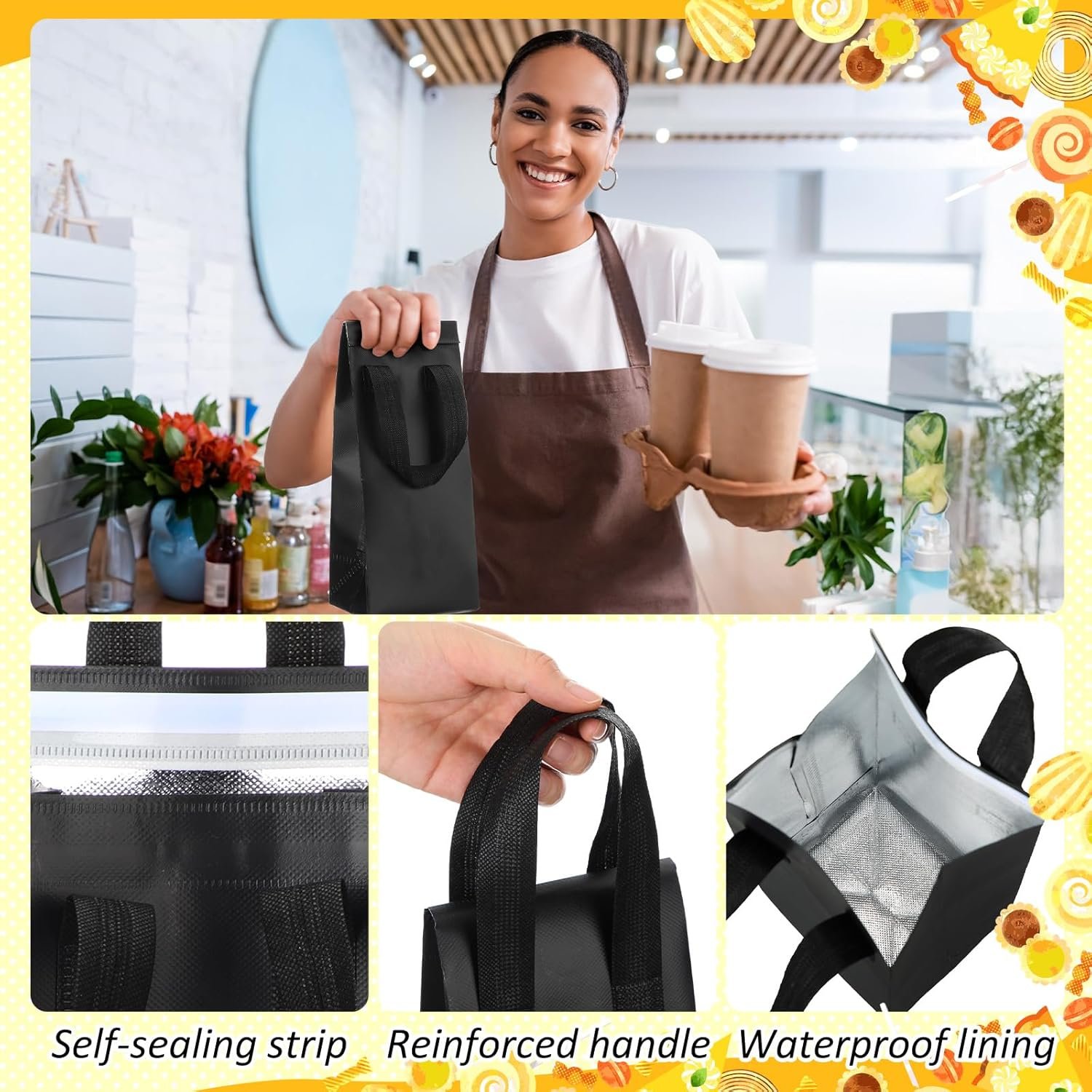 Großhandel 50 Stück isolierte Getränketräger-Taschen für Lieferung, individuell bedruckbar, OEM, für warme und kalte Getränke, einschließlich Kaffee, Milch und Tee, mit Griff für den Transport von Tiefkühlkost und Mittagsessen. Großhandel 50 Stück isolierte Getränketräger-Taschen für Lieferung, individuell bedruckbar, OEM, für warme und kalte Getränke, einschließlich Kaffee, Milch und Tee, mit Griff für den Transport von Tiefkühlkost und Mittagsessen.