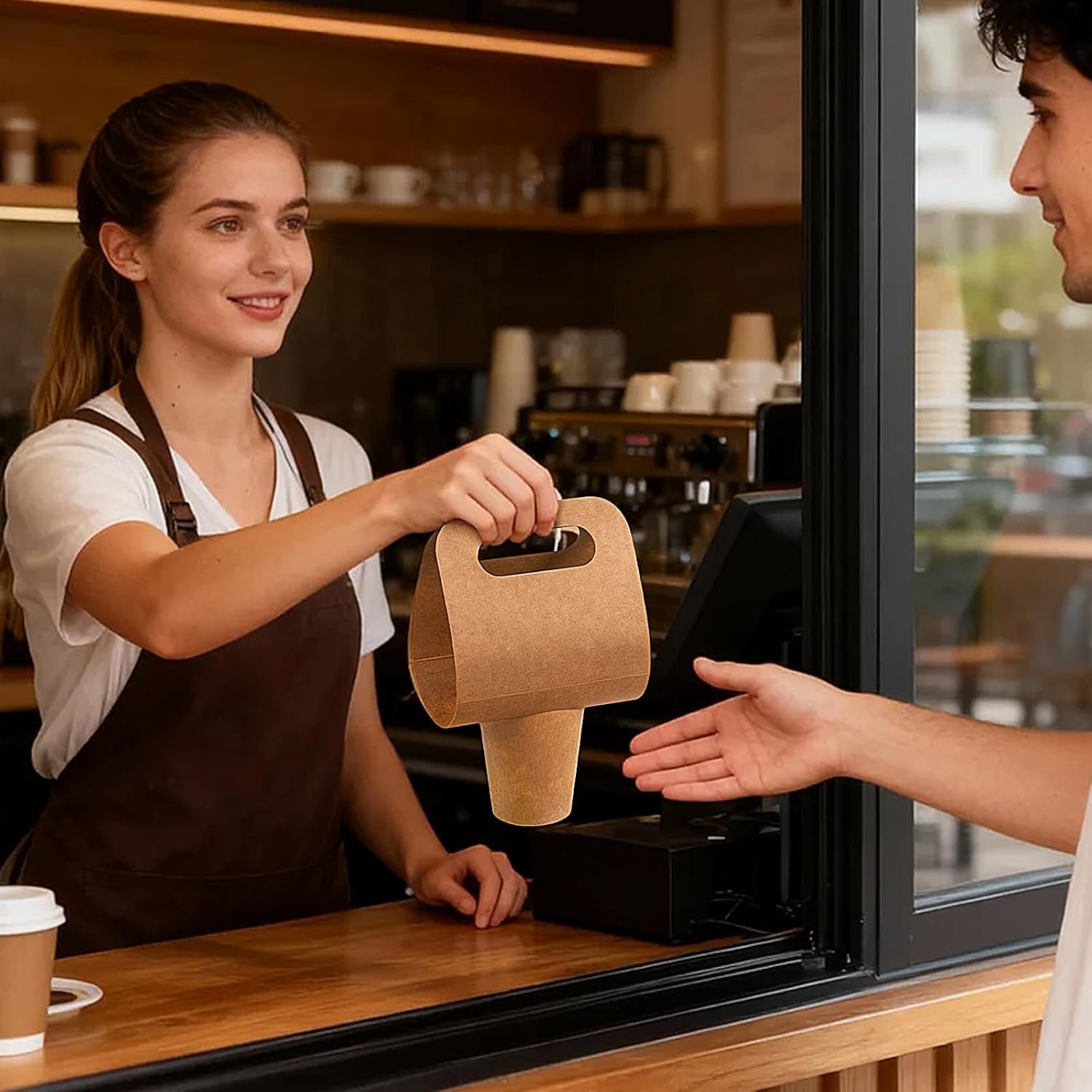 Großhandel 1 Cup Tragetasche für Getränke mit Griff, 50 Stück Kraftpapier Kaffeebecherhalter für den Food-Lieferdienst, entscheidend für OEM und faltbare Träger für heiße/kalte Getränke to go