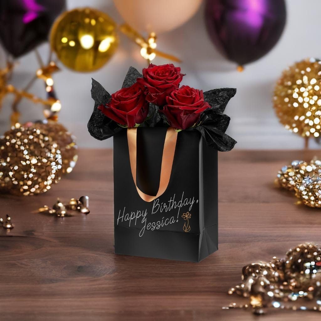 Großhandel matte und robuste Geschenktüten in der Größe 8x10″ mit Goldsatin-Henkeln, inklusive personalisierbarer metallic Marker und Seidenpapier. Individuelles Logo für Männer und Frauen, ideal für Geburtstagsfeiern und als Bulk-Angebot.