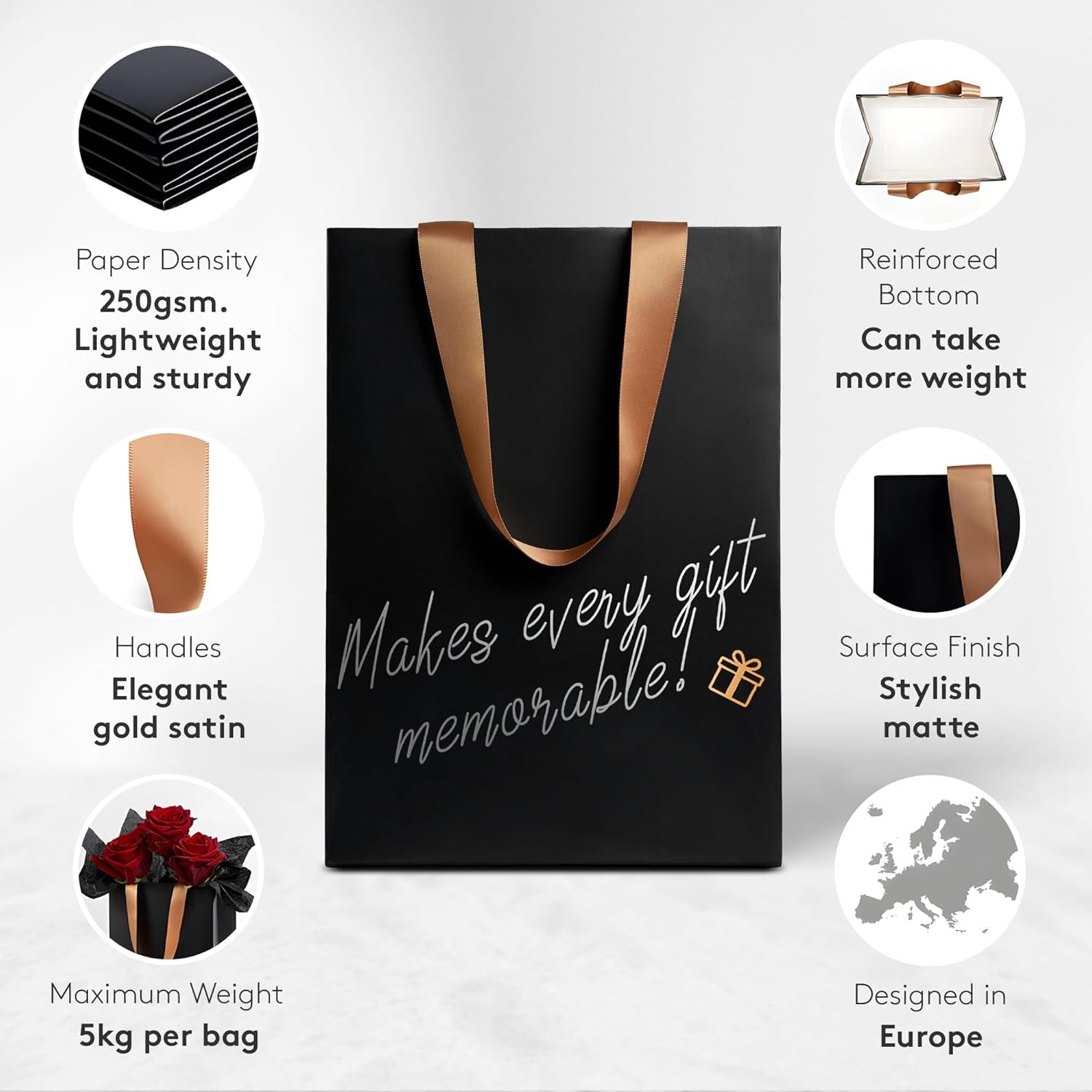 Großhandel matte und robuste Geschenktüten in der Größe 8x10″ mit Goldsatin-Henkeln, inklusive personalisierbarer metallic Marker und Seidenpapier. Individuelles Logo für Männer und Frauen, ideal für Geburtstagsfeiern und als Bulk-Angebot.