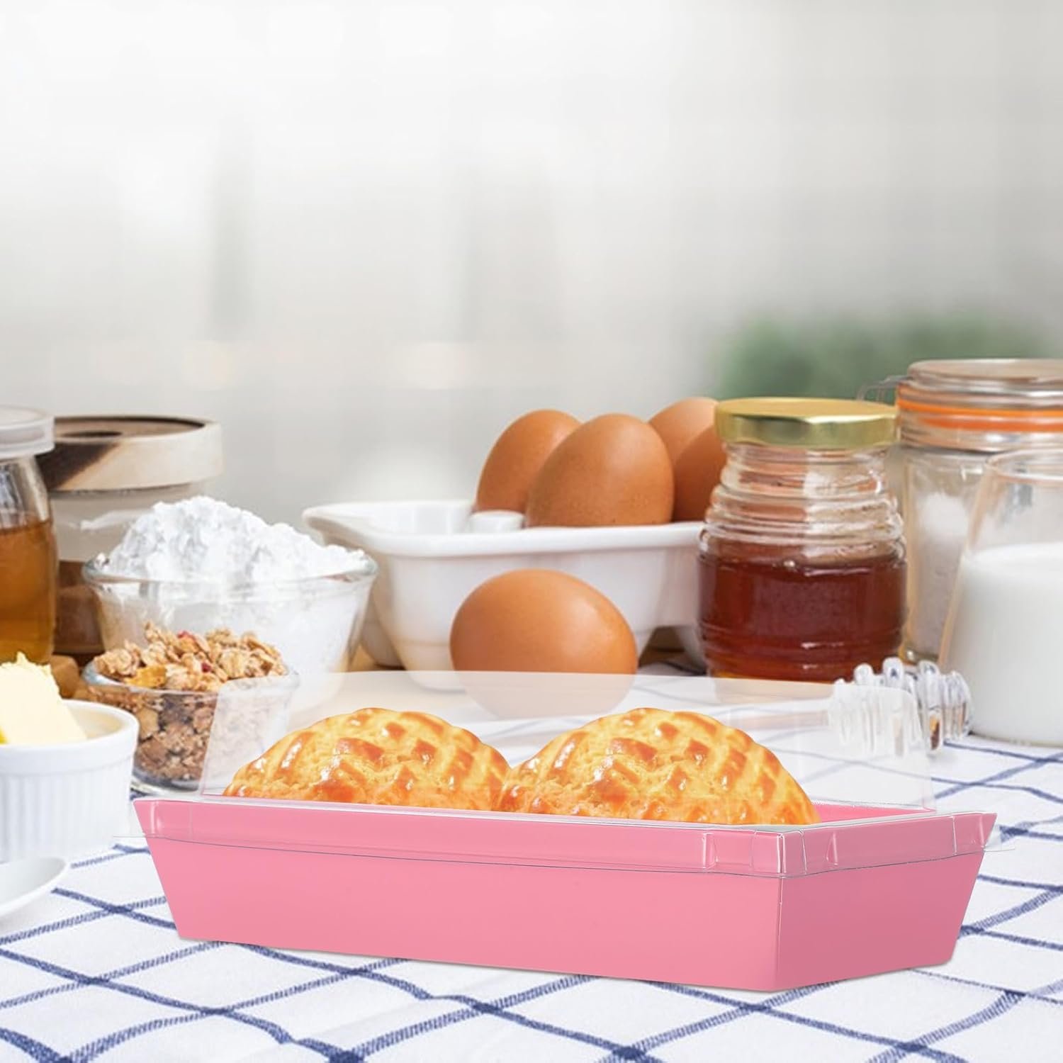 Großhandel 50 Stück große rechteckige Bäckereiboxen mit Deckeln, maßgeschneiderte Lebensmittelverpackungen für Sandwiches, Pasteten und Takeout, Hersteller von Lebensmittelschalen für Wraps, Speck und Schinken. OEM Optionen verfügbar.