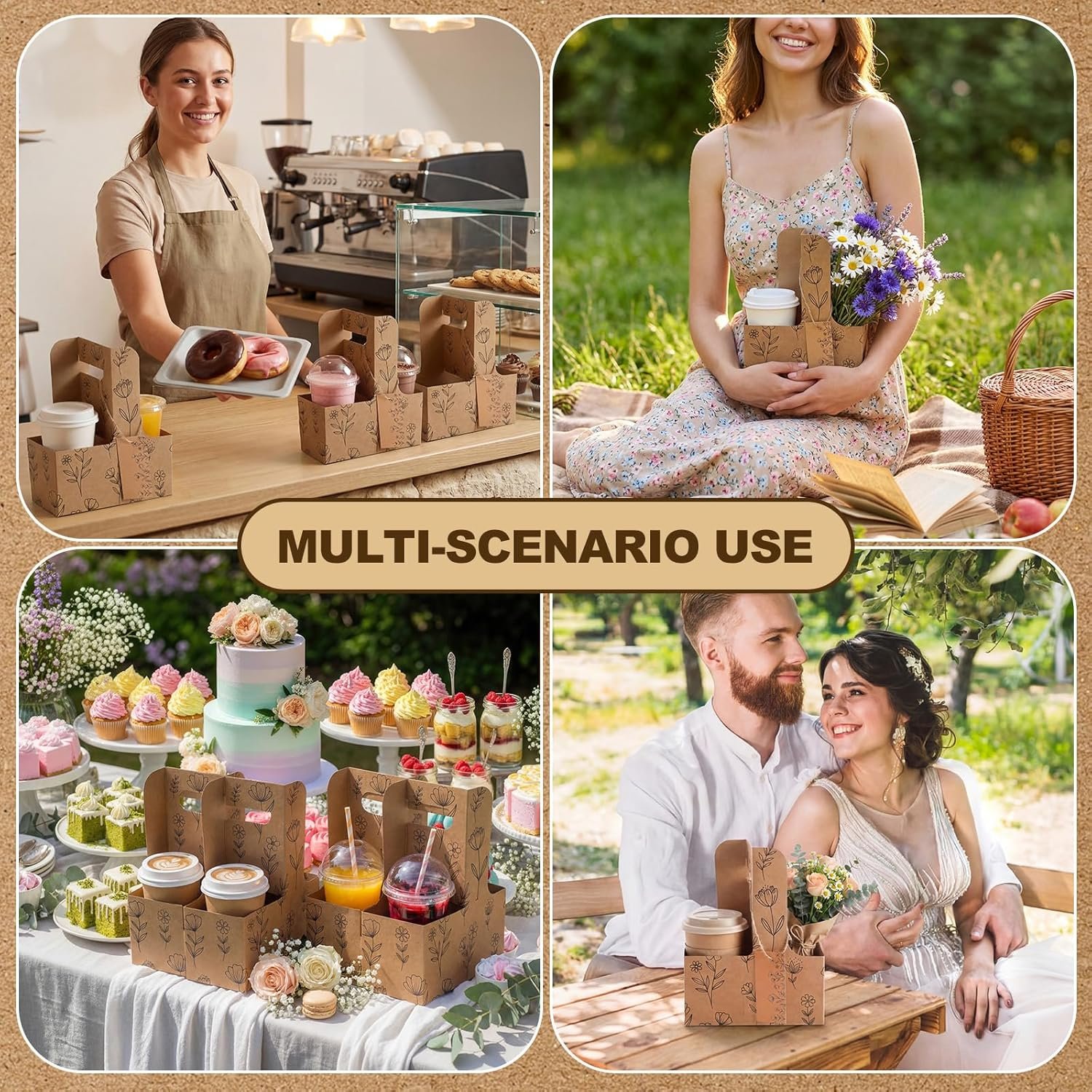 Großhandel Tragetasche für 2 Becher mit Griff, Kraftpapier-Trinkträger für heiße und kalte Getränke, OEM individuelle Logo-Optionen, ideale Lösung für Takeout-Essen, Lieferungen und Partys mit Dankeskarten und Schnur, Bestellungen in Großmenge möglich