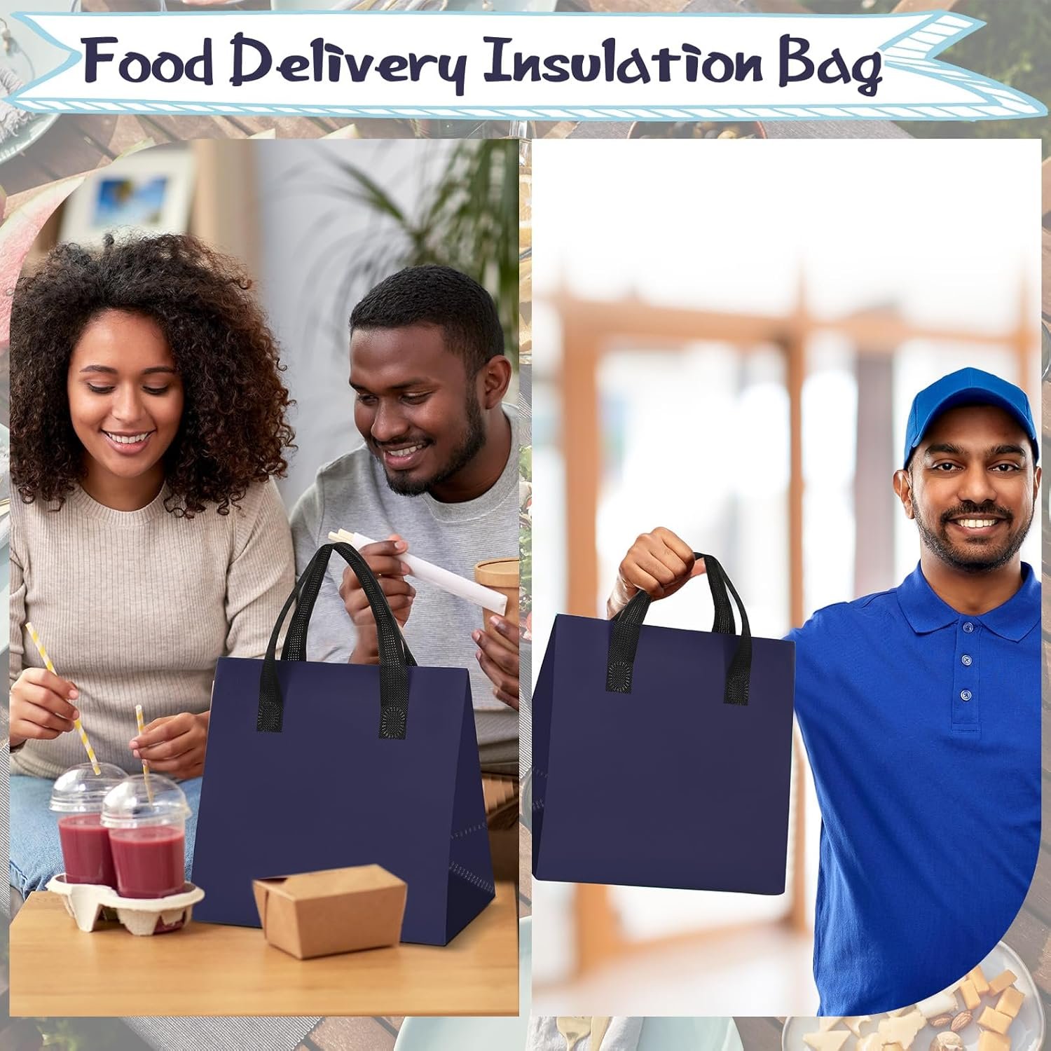 Großhandel 100 Stück isolierte Take-Out-Taschen 9,5 x 6 x 9,5 Zoll für heiße und kalte Speisen, ideal für Catering und Gastronomie, mit individuellem Logo und OEM-Service, Kühlertasche für Kaffee, Milchtee, Picknick und Lebensmittellieferungen (Marineblau)