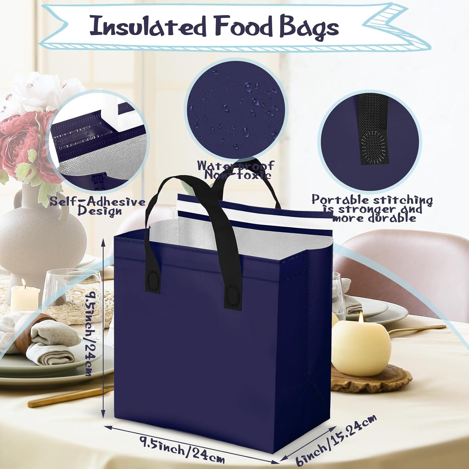 Großhandel 100 Stück isolierte Take-Out-Taschen 9,5 x 6 x 9,5 Zoll für heiße und kalte Speisen, ideal für Catering und Gastronomie, mit individuellem Logo und OEM-Service, Kühlertasche für Kaffee, Milchtee, Picknick und Lebensmittellieferungen (Marineblau)