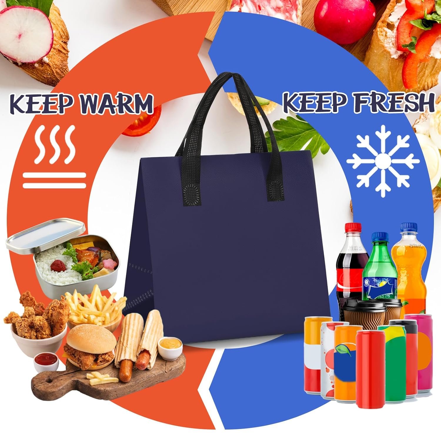 Großhandel 100 Stück isolierte Take-Out-Taschen 9,5 x 6 x 9,5 Zoll für heiße und kalte Speisen, ideal für Catering und Gastronomie, mit individuellem Logo und OEM-Service, Kühlertasche für Kaffee, Milchtee, Picknick und Lebensmittellieferungen (Marineblau)