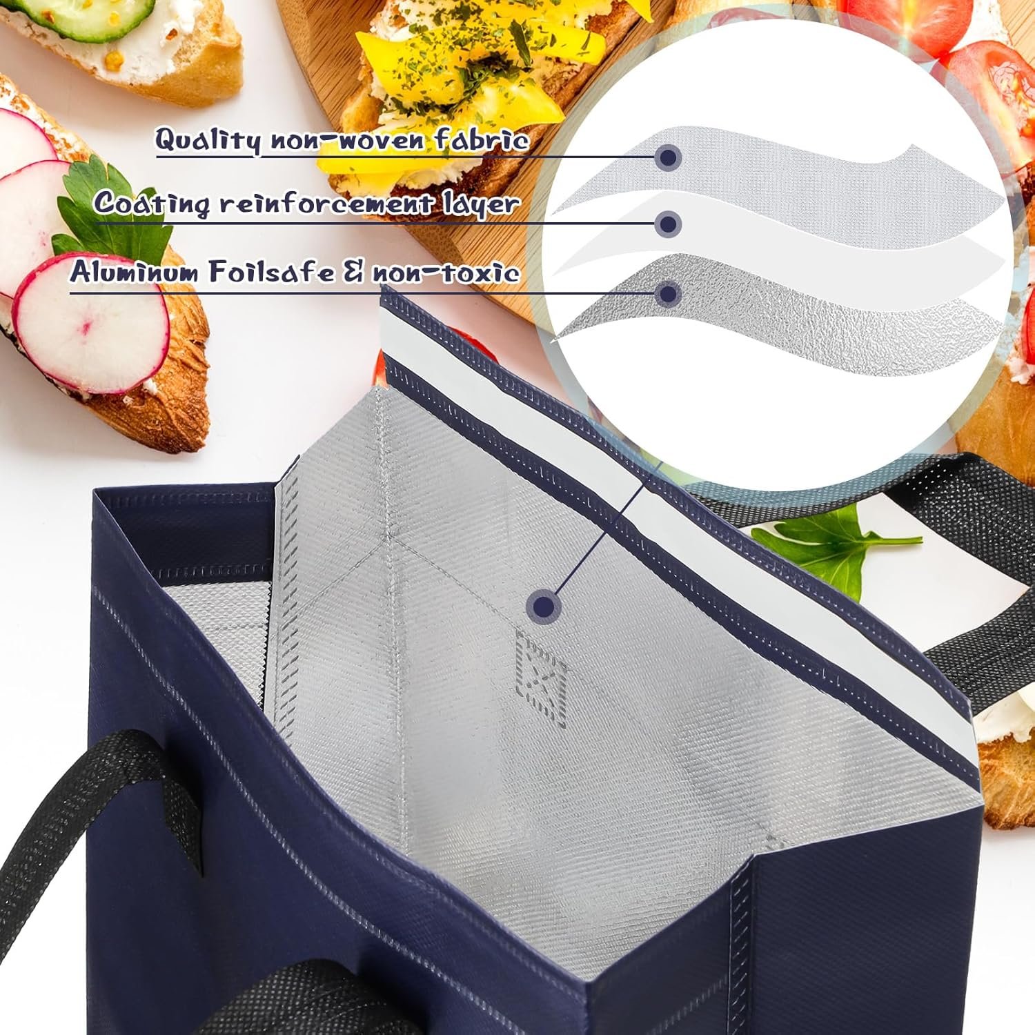 Großhandel 100 Stück isolierte Take-Out-Taschen 9,5 x 6 x 9,5 Zoll für heiße und kalte Speisen, ideal für Catering und Gastronomie, mit individuellem Logo und OEM-Service, Kühlertasche für Kaffee, Milchtee, Picknick und Lebensmittellieferungen (Marineblau)