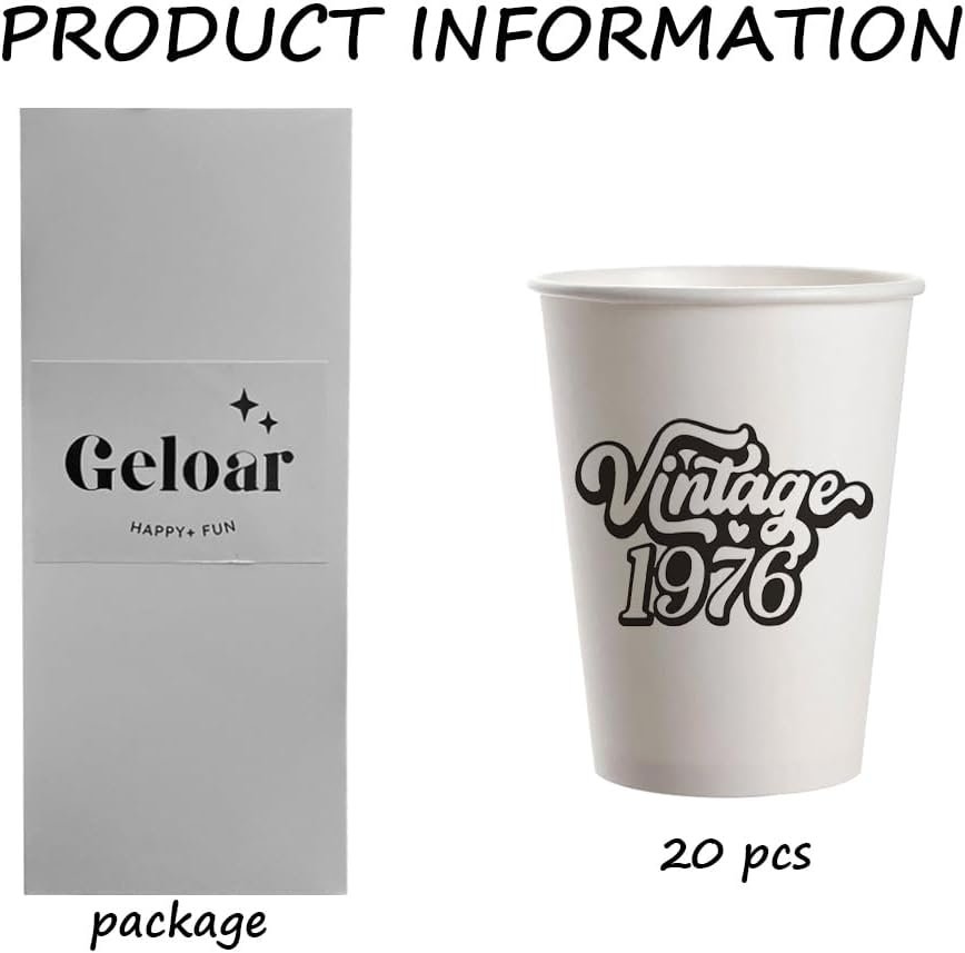 Großhandel Vintage 1976 Einweg-Pappbecher 20er Pack 9oz für eine unvergessliche 50. Geburtstagsfeier, Individuelles Logo für Ihre Feier, hochwertiger Hersteller für Partybedarf. Großhandel Vintage 1976 Einweg-Pappbecher 20er Pack 9oz für eine unvergessliche 50. Geburtstagsfeier, Individuelles Logo für Ihre Feier, hochwertiger Hersteller für Partybedarf.