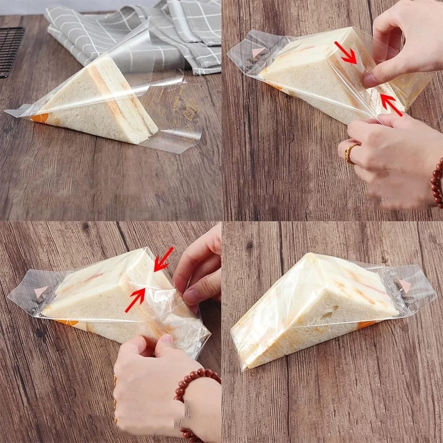 Großhandel 300 Stück transparente Sandwichverpackungen, individuell bedruckbare Sandwich-Boxen, OEM-Dreiecksverpackungen für Bäckereien, leicht abreißbar (Gelb, Grün, Blau)