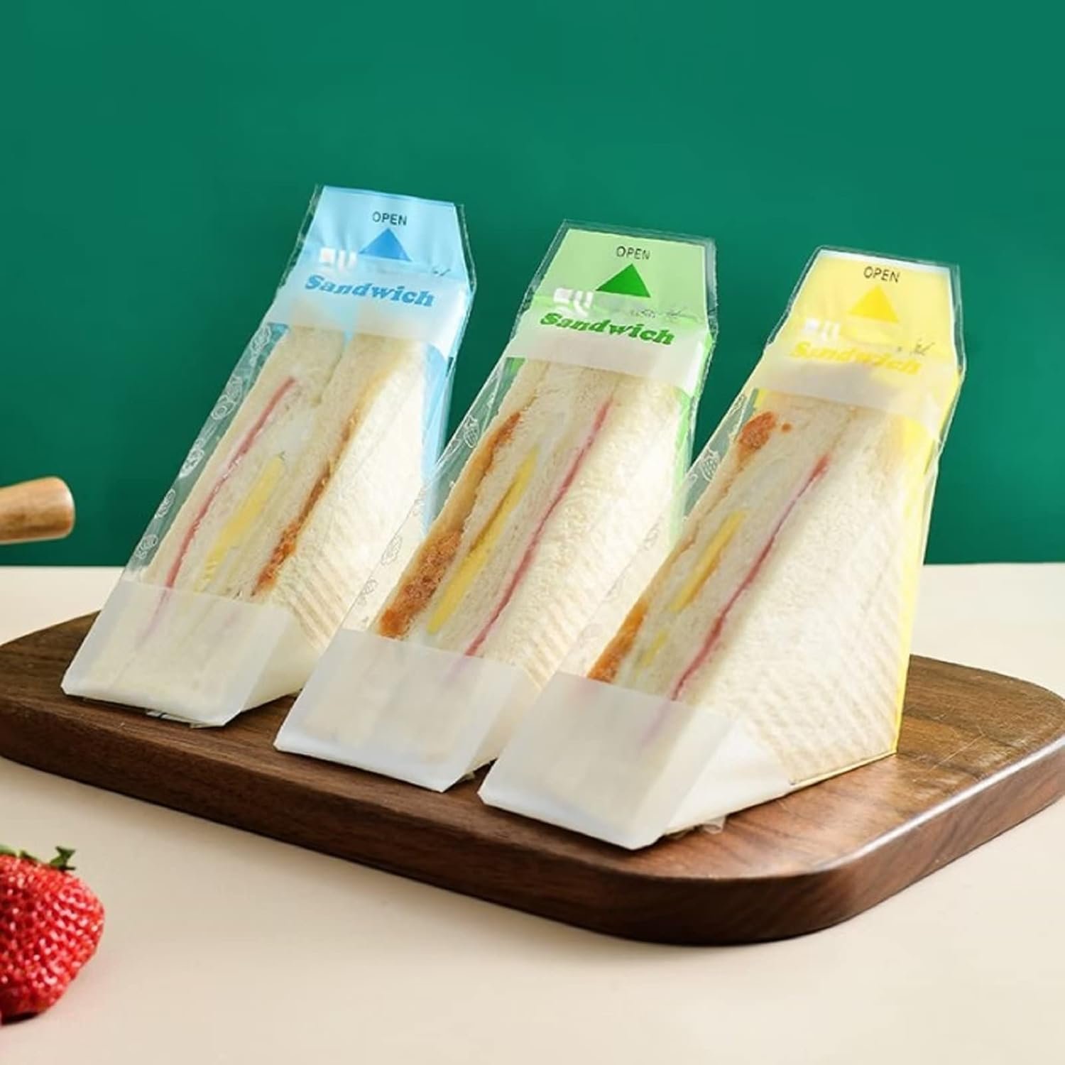 Großhandel 300 Stück transparente Sandwichverpackungen, individuell bedruckbare Sandwich-Boxen, OEM-Dreiecksverpackungen für Bäckereien, leicht abreißbar (Gelb, Grün, Blau)