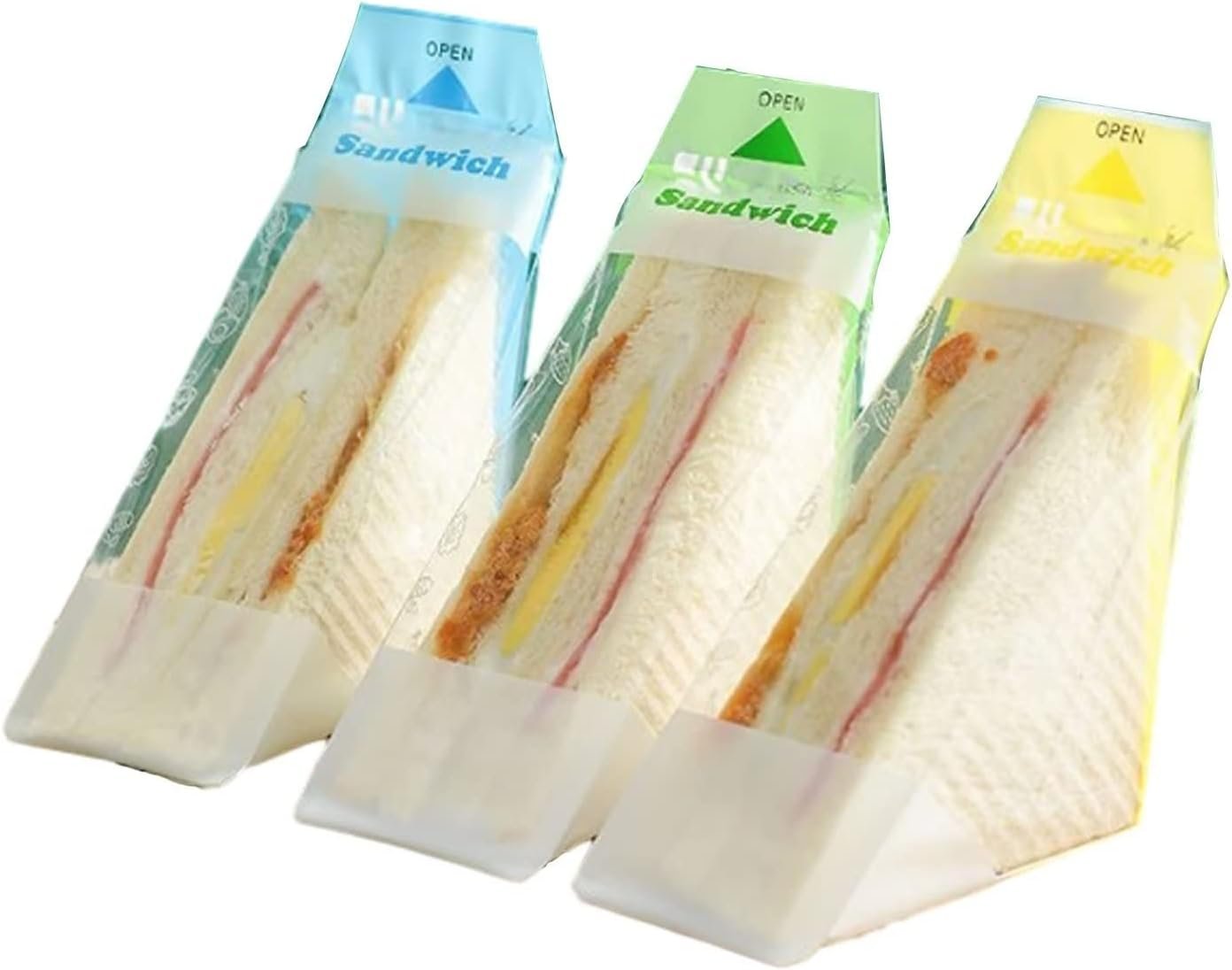 Großhandel 300 Stück transparente Sandwichverpackungen, individuell bedruckbare Sandwich-Boxen, OEM-Dreiecksverpackungen für Bäckereien, leicht abreißbar (Gelb, Grün, Blau)