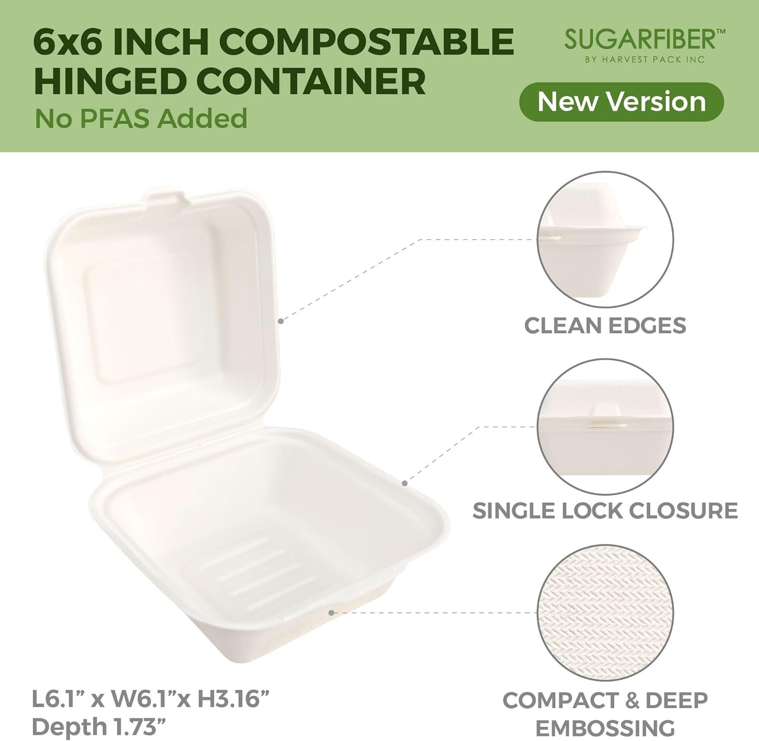 Großhandel 50 Stück Kompostierbare Lebensmittelbehälter 6 x 6 Zoll in Weiß, Einweg-Quadratklappbox mit einer Kammer, Eco-Friendly Bagasse Zuckerrohr, OEM Design, ohne PFAS Zusatz. Großhandel 50 Stück Kompostierbare Lebensmittelbehälter 6 x 6 Zoll in Weiß, Einweg-Quadratklappbox mit einer Kammer, Eco-Friendly Bagasse Zuckerrohr, OEM Design, ohne PFAS Zusatz.