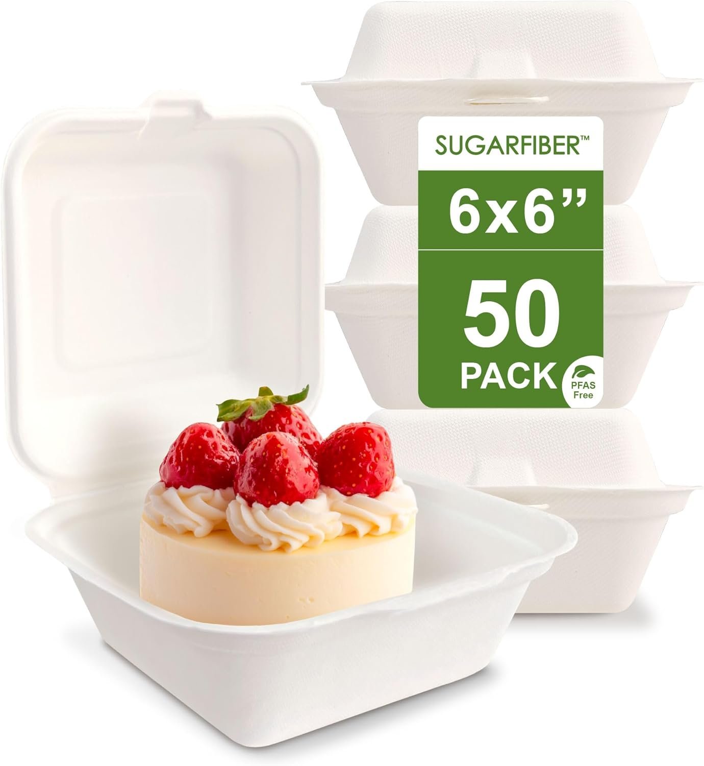 Großhandel 50 Stück Kompostierbare Lebensmittelbehälter 6 x 6 Zoll in Weiß,  Einweg-Quadratklappbox mit einer Kammer, Eco-Friendly Bagasse Zuckerrohr, OEM Design, ohne PFAS Zusatz.