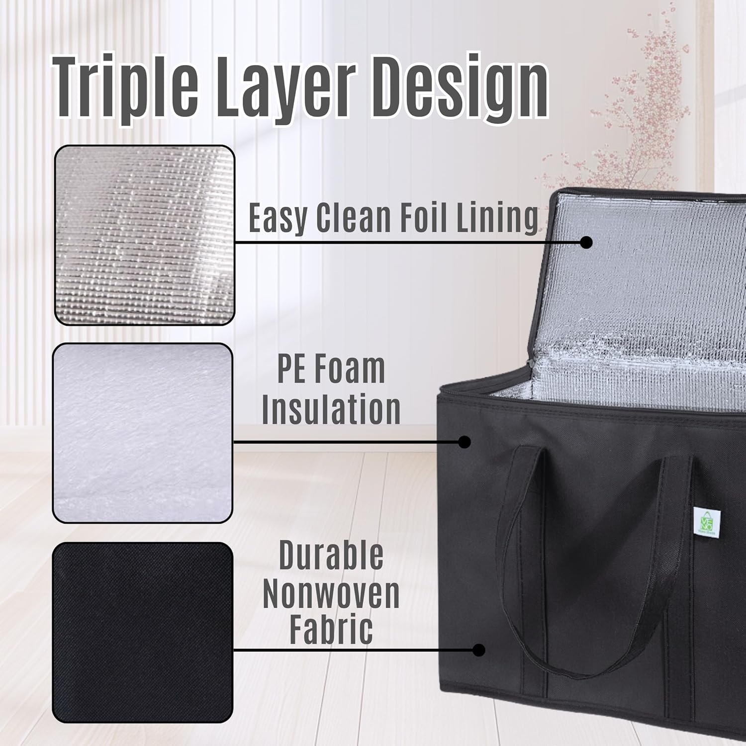 Großhandel 3er Pack isolierte, wiederverwendbare Einkaufstaschen, schwere Qualität, große Größe, langlebige Griffe, mit Doppel-Reißverschlüssen, Deckel, steht stabil, faltbar, nachhaltig – individuelles Logo, Hersteller, Bulk.