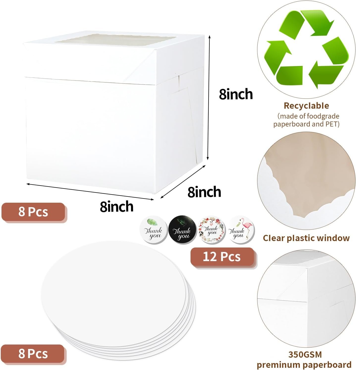Großhandel 16 Stück Tortenboxen 8x8x8 Zoll, 8 Stück weiße Bäckereiboxen mit Fenster und 8 Stück Tafeln, OEM für 8-Zoll-Torten, Einweg-Pie-Box für Hochzeit, Geburtstag, Party, individuelles Logo