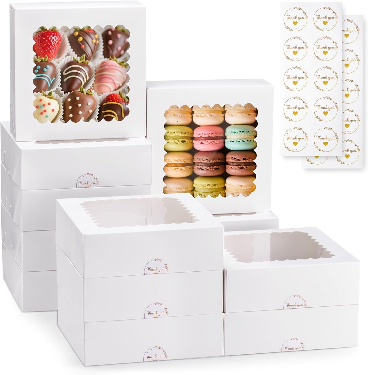 Großhandel 20 Stück Schokoladenüberzogene Erdbeerboxen mit Fenster, 8x8x2,5 Zoll Auto-Pop-Up weiße Gebäckboxen für Muffins, Dessert, Kuchen, Plätzchen und Donuts, Individuelles Logo verfügbar, Hersteller für Verpackungslösungen.