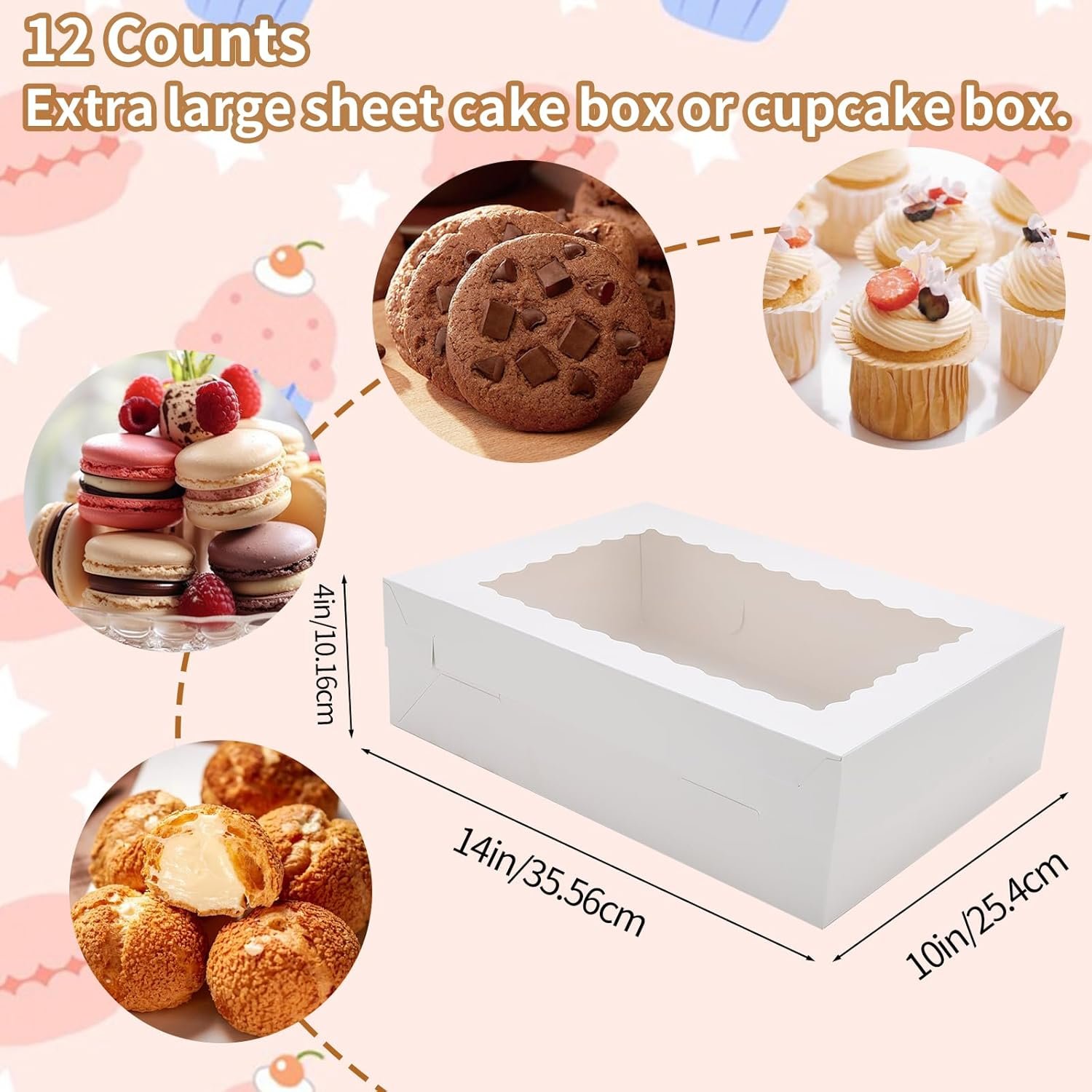Großhandel 12 Sets 14x10x4 Zoll Weißer Bäckereikarton mit Fenster, individuelle Logo Gestaltung für große Mengen von Tortenverpackungen, Hersteller für Gebäck, Kuchen, Donuts und Cupcakes.
