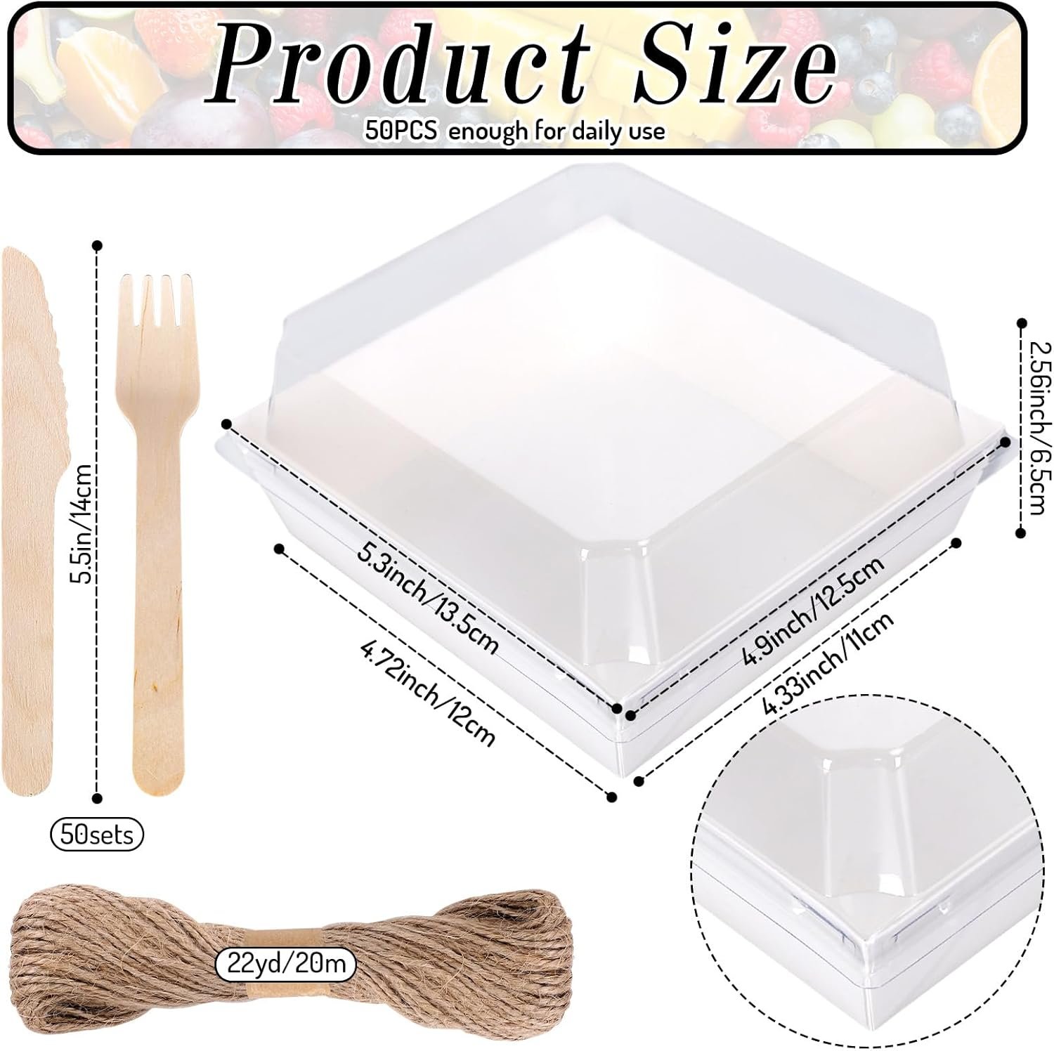 Großhandel 50 Stück kleine Charcuterie-Boxen 4,7 x 4,3 Zoll mit klaren Deckeln und Besteck, OEM Mini Dessertbehälter für Hochzeit, Geburtstag, Sandwich, Keks, Sushi, Kuchenstück, Obst