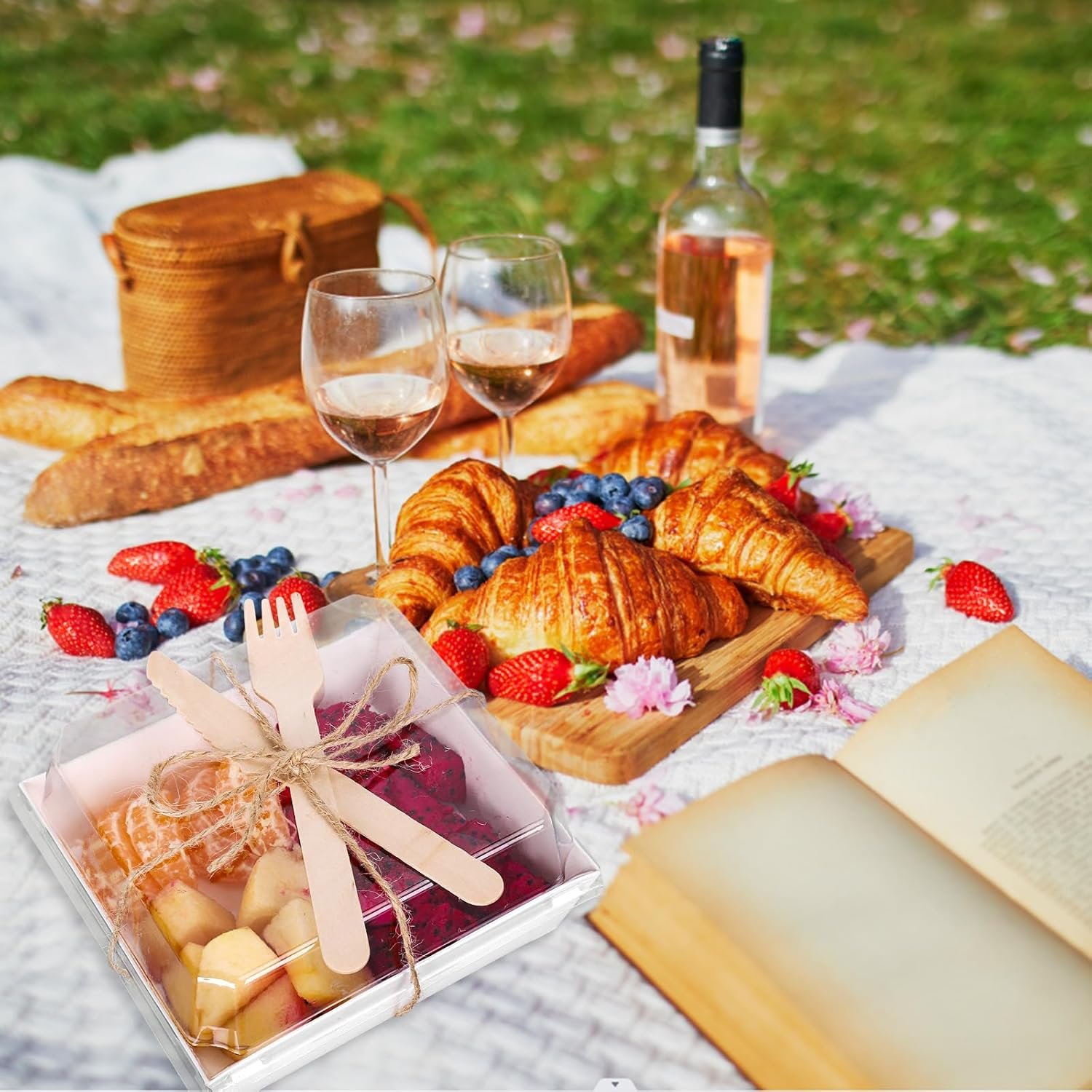 Großhandel 50 Stück kleine Charcuterie-Boxen 4,7 x 4,3 Zoll mit klaren Deckeln und Besteck, OEM Mini Dessertbehälter für Hochzeit, Geburtstag, Sandwich, Keks, Sushi, Kuchenstück, Obst