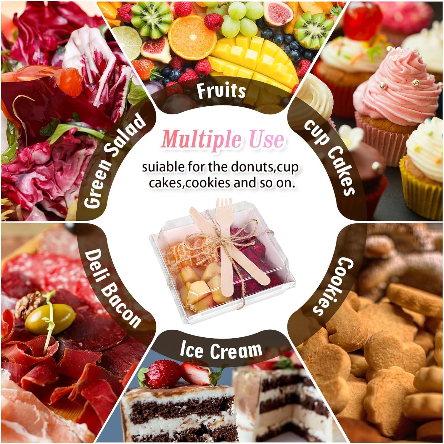 Großhandel 50 Stück kleine Charcuterie-Boxen 4,7 x 4,3 Zoll mit klaren Deckeln und Besteck, OEM Mini Dessertbehälter für Hochzeit, Geburtstag, Sandwich, Keks, Sushi, Kuchenstück, Obst