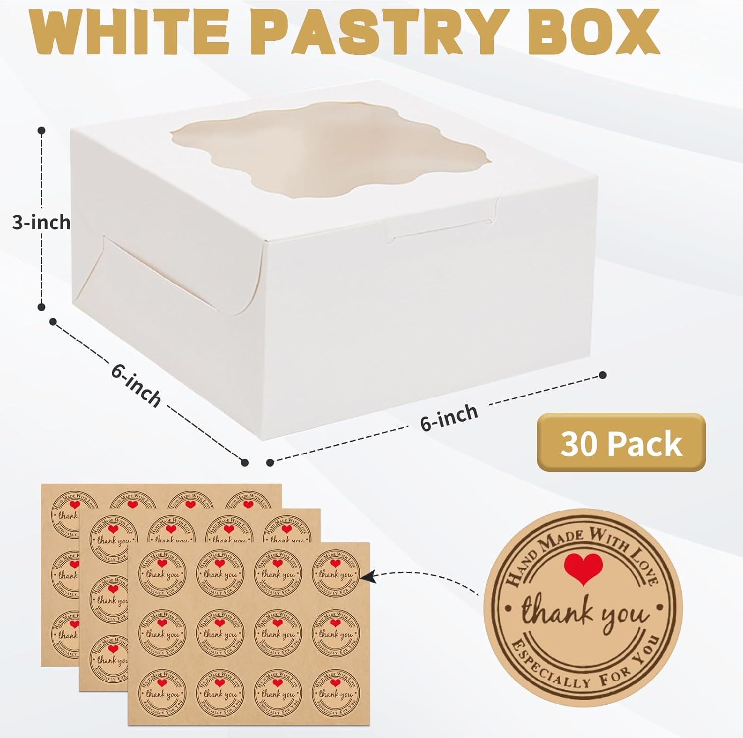 Großhandel 30 Stück Cookie Boxen mit Fenster, 6x6x3 Zoll weiße Bäckereikarton, für kleine Kekse, Süßigkeiten, Desserts, mit 36 Aufklebern, Hersteller für individuelle Logos und Mini-Kuchenboxen Großhandel 30 Stück Cookie Boxen mit Fenster, 6x6x3 Zoll weiße Bäckereikarton, für kleine Kekse, Süßigkeiten, Desserts, mit 36 Aufklebern, Hersteller für individuelle Logos und Mini-Kuchenboxen