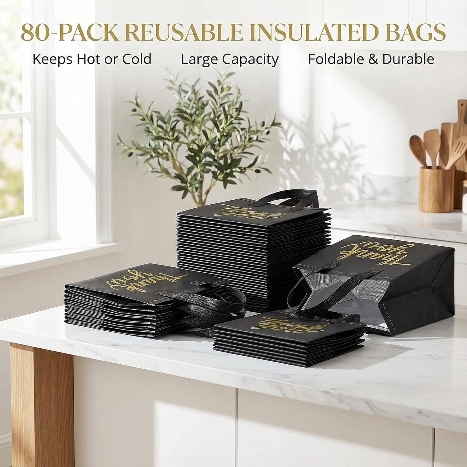 Großhandel 80er-Pack isolierte Einkaufstaschen, Catering-Lieferbeutel, Einweg-Kühltaschen für Reisen und Picknicks (schwarz mit goldfarbener Dankeschön), vom Hersteller individuell mit Logo bearbeitbar.